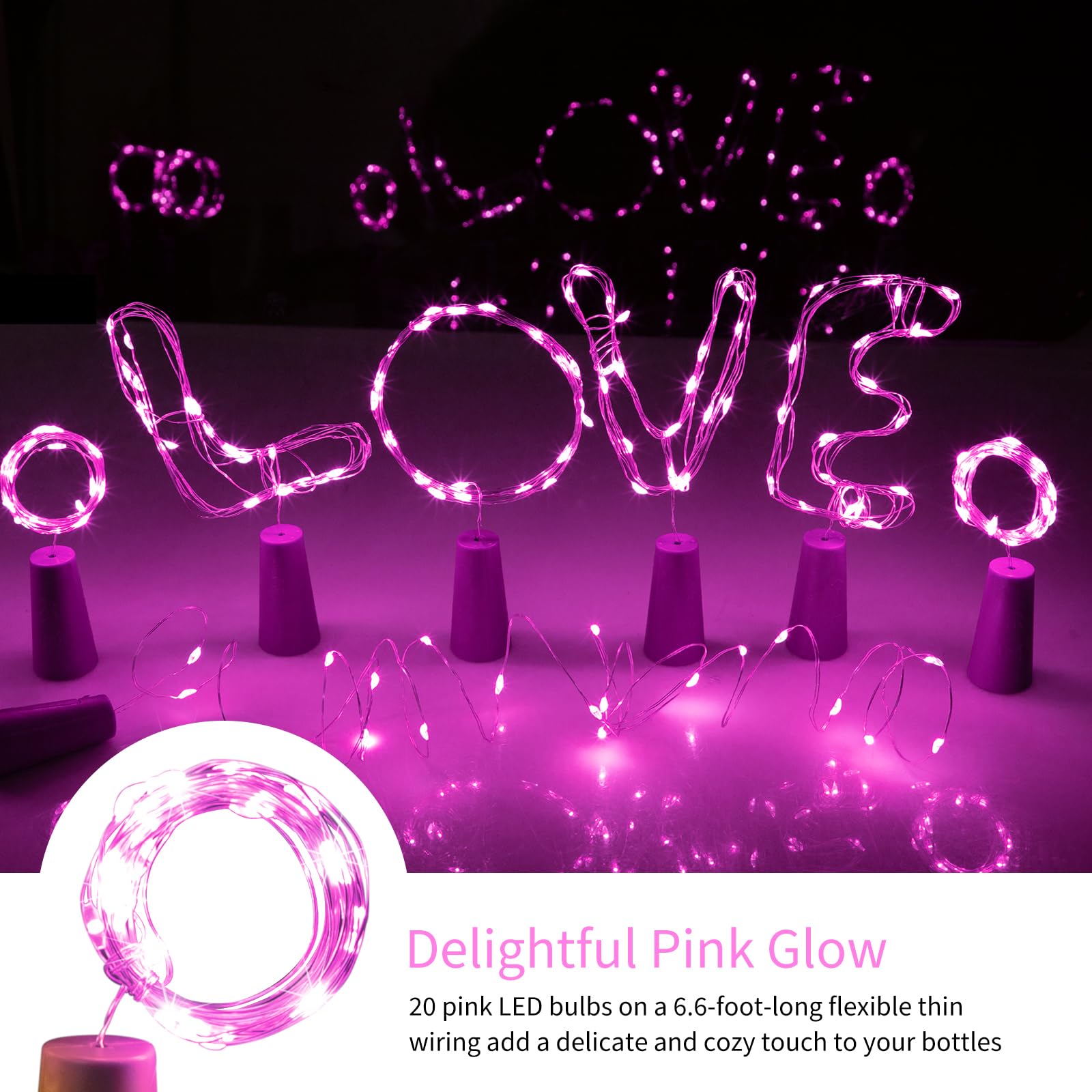 Brightown Wine Bottle Lights - 10 Pack 7ft 20 LED Waterproof Fairy Lights - Pink