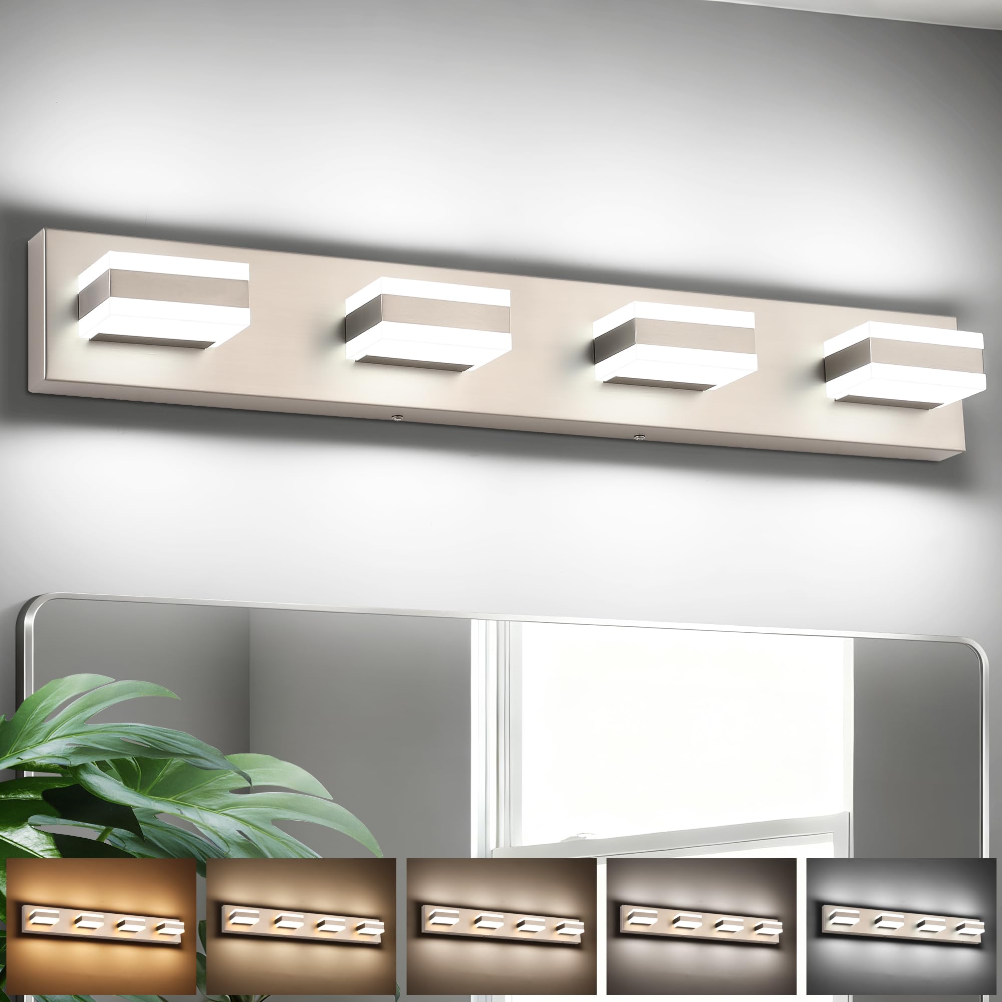 SOLFART Bathroom Light Fixtures Brushed Nickel Vanity Lights for Bathroom Above Mirror  4 Light Led Lighting Fixture  Nickel Vanity Light 5 Color Temperature Adjustable Light Over Mirror