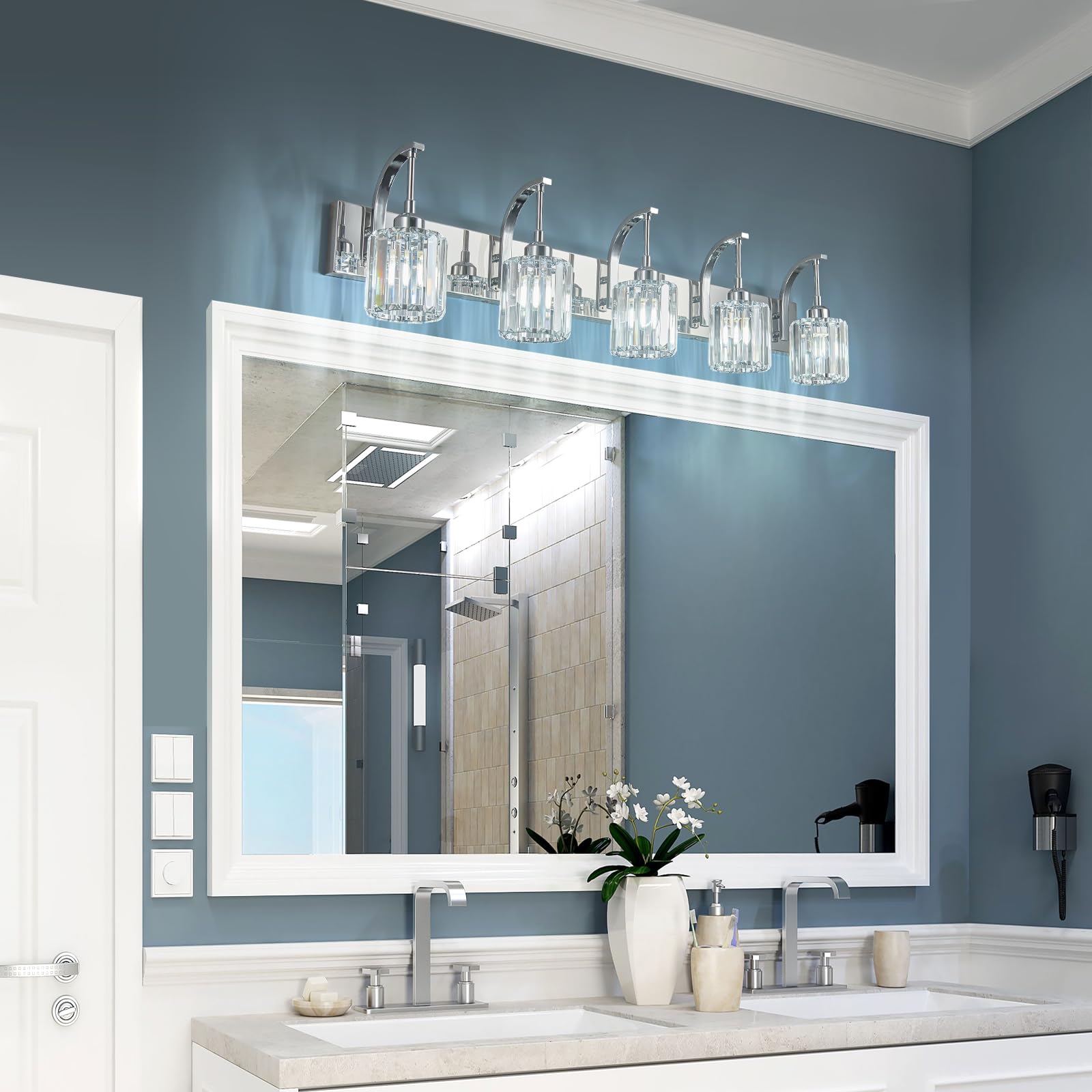 FDPBY 5-Light Crystal Vanity Light, Modern Chrome Wall Sconce, 42.51" for Bathroom & Hallway, K9 Crystal Shades, Model 294-Y