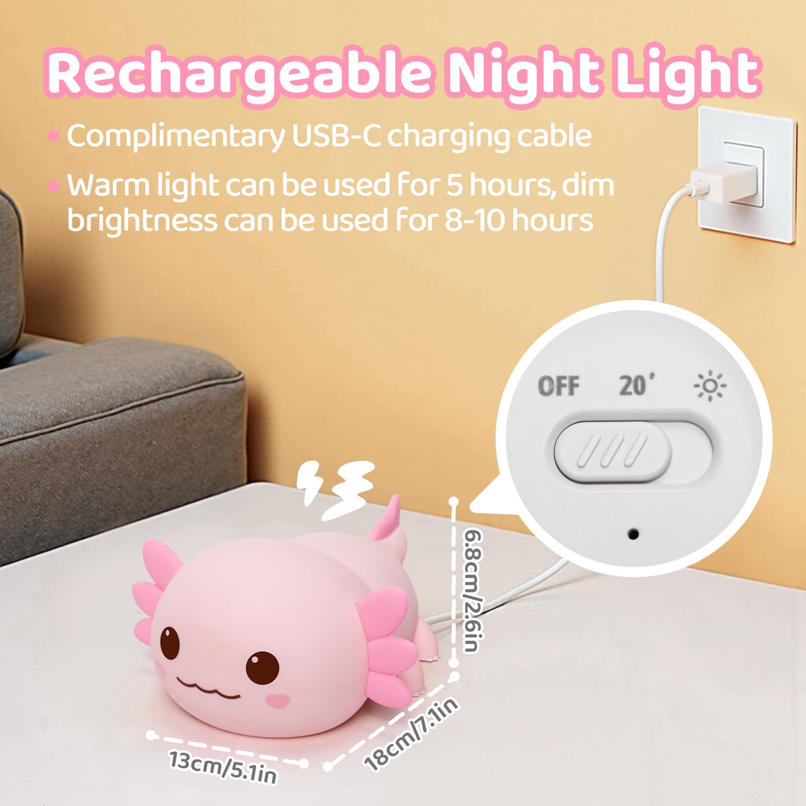 Caaaat Axolotl Night Light for Kids, 2 Level Dimmable Lamp, Huggwaii Silicone Kids Night Light, Cute Bedside Touch nightlight,12
