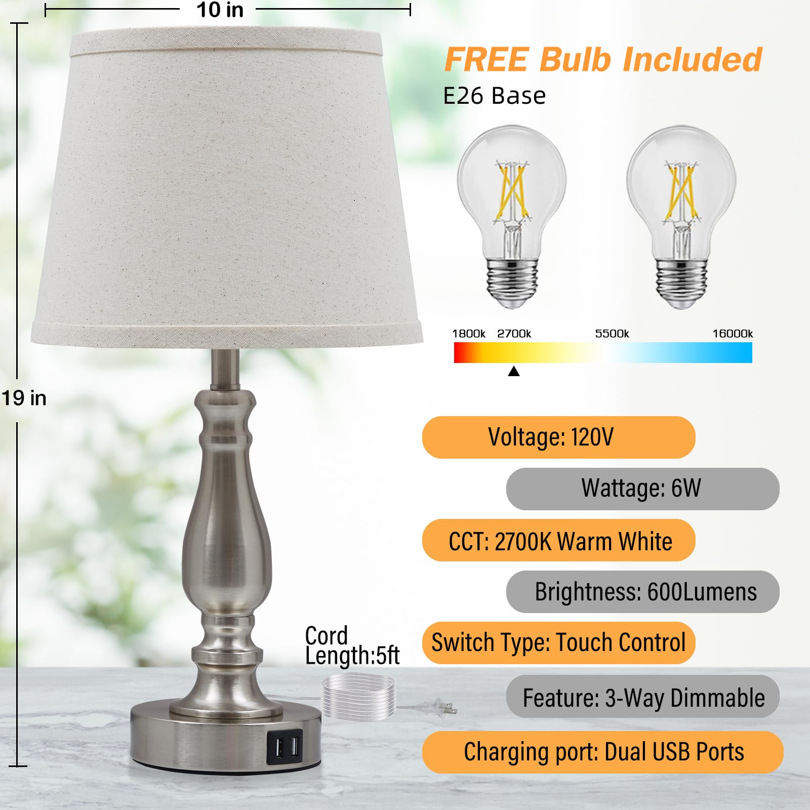 EJIAXIN Set of 2 Dimmable Bedside Lamps, Brushed Nickel with USB Ports, Fabric Shade, Model 98008, Ideal for Bedroom and Living Room