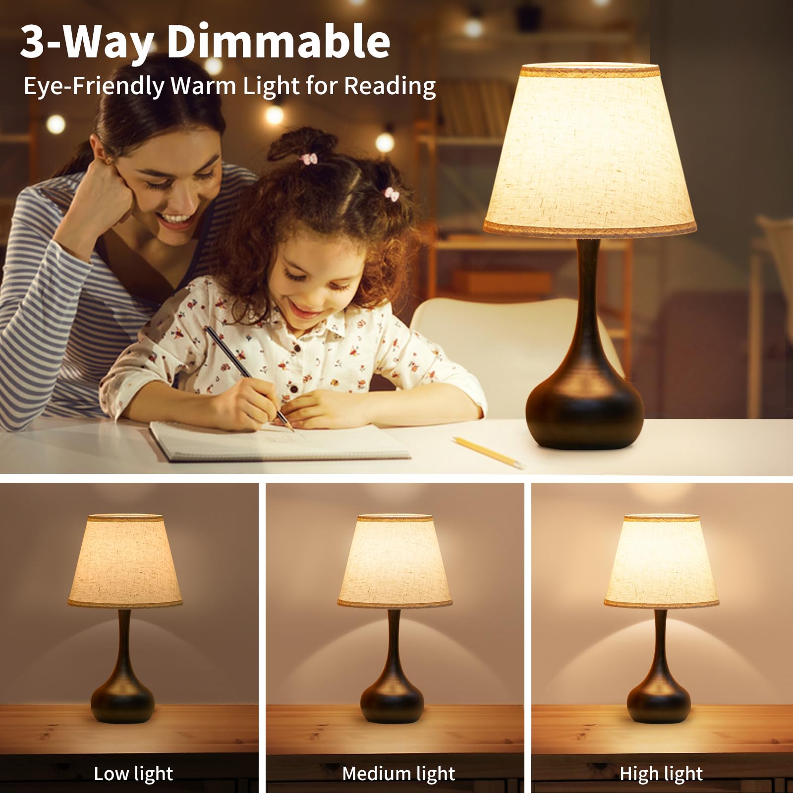 ONEWISH Touch Bedside Lamp - 3-Way Dimmable Farmhouse Table Lamp for Bedroom, Non-USB, Fabric Shade, Model TAB093CAC