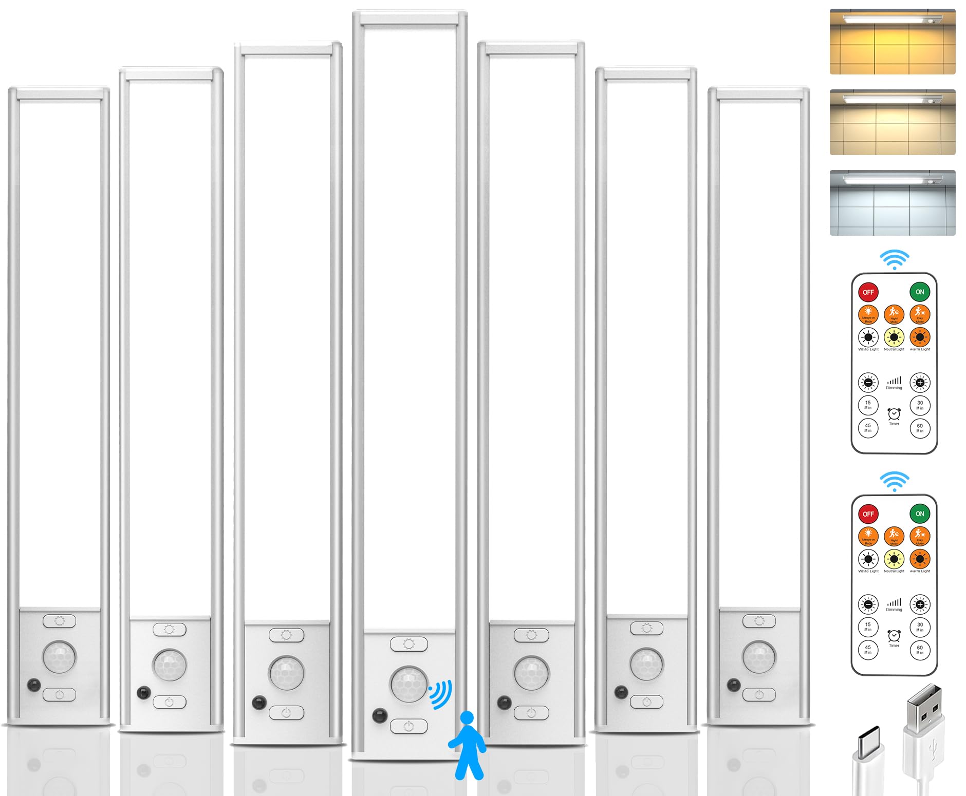 Under Cabinet Lights with Remote Control,2500mAh USB Rechargeable Motion Sensor Light Indoor,350 Lumen LED Closet Light,3 Color 