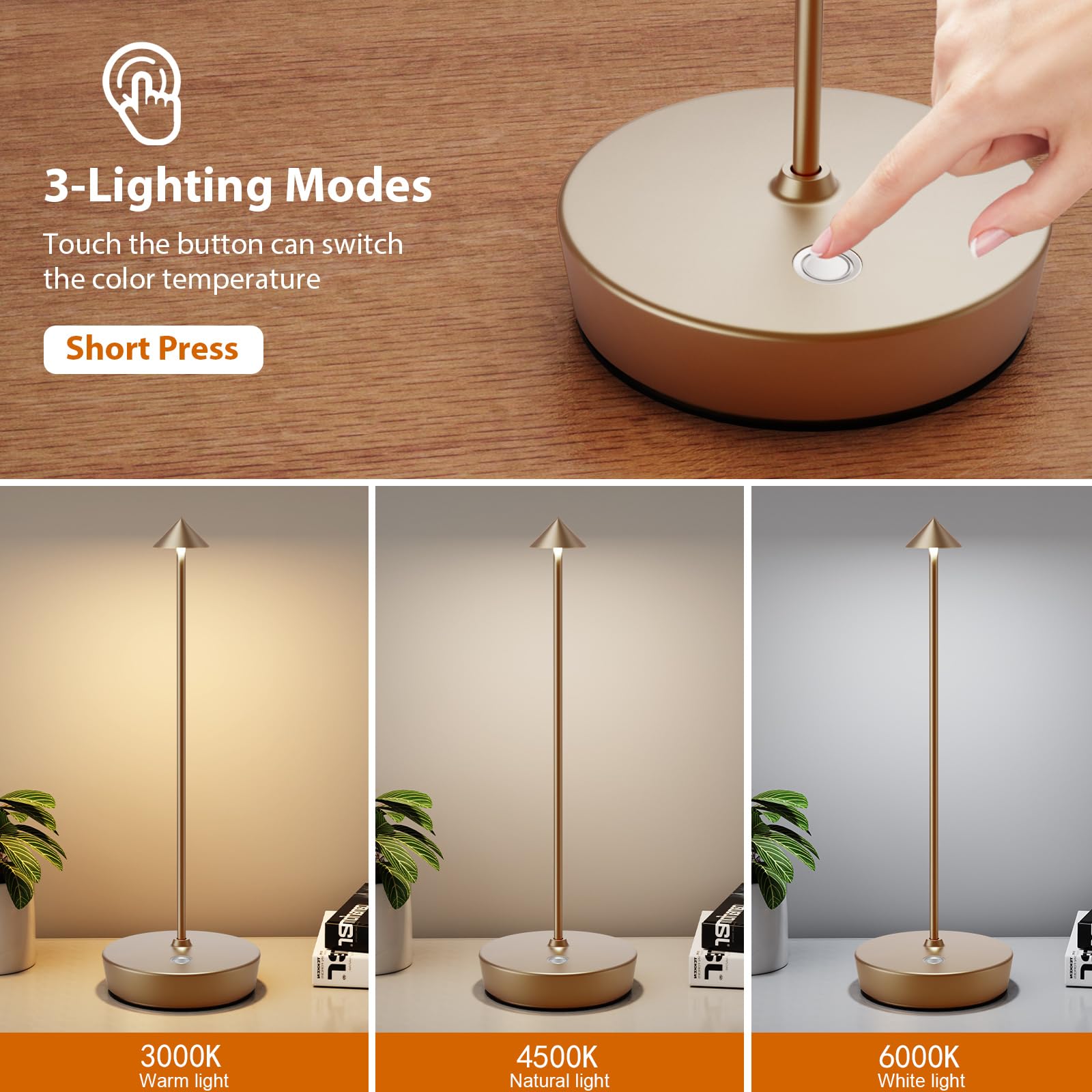 YIBEN Rechargeable Cordless Table Lamp, LED Battery 6000mAh, 3 Brightness Levels, Metal, Titanium, Model X12