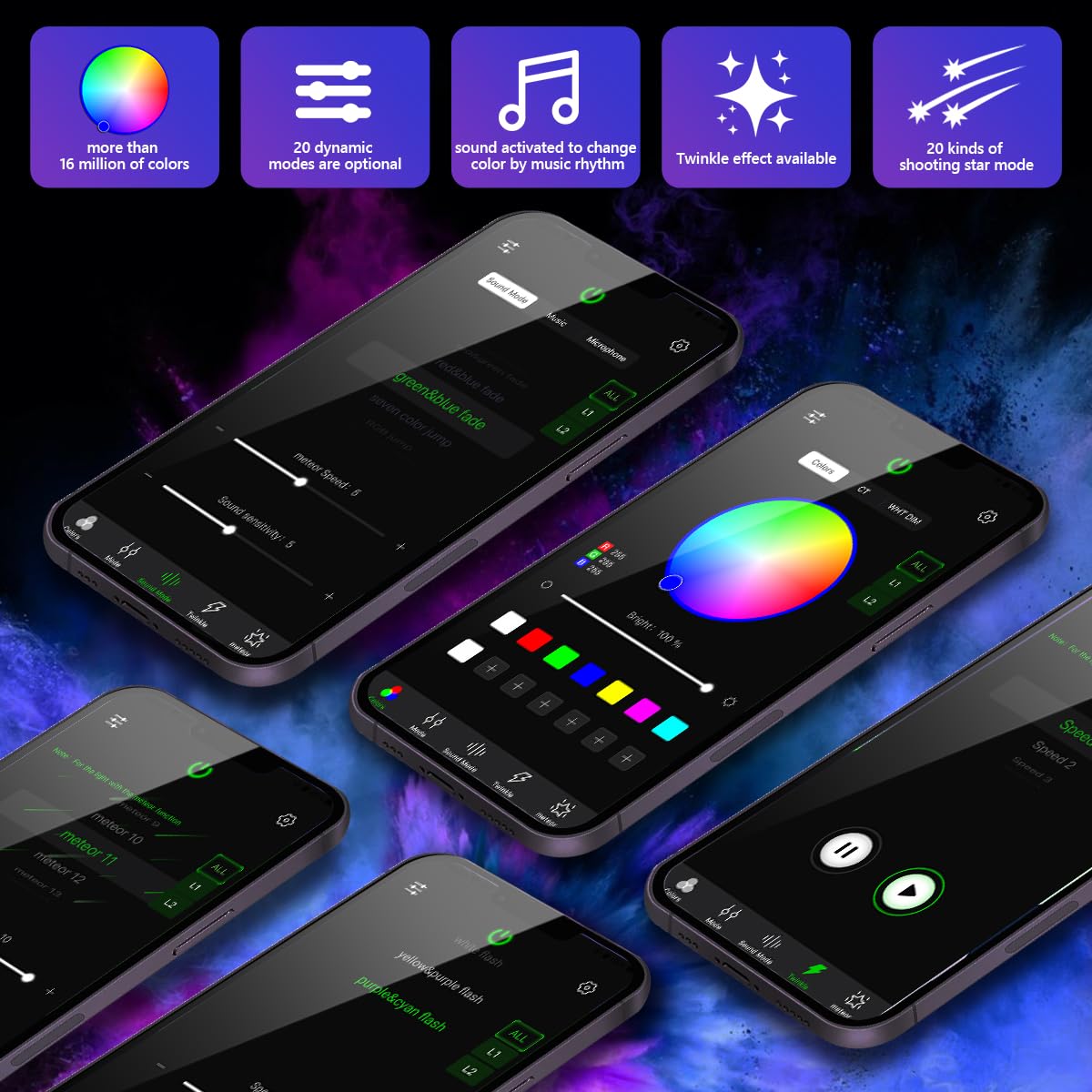 Amki Dual Color 20W Twinkle Starlight Headliner Kit Mixed 670Pcs*9.8Ft Cables+ Rgb Meteor Shooting Star Fiber Optic Light Sound Activated App/Remote Control For Car Roof Home Ceiling