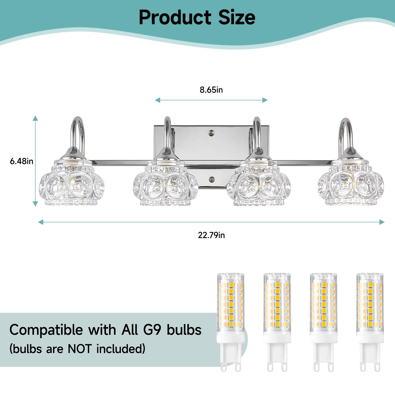 Dikaida 4-Light Bathroom Lighting Fixtures Over Mirror, Polished Chrome Modern Vanity Lights With Crystal Glass Shade, Over Mirr
