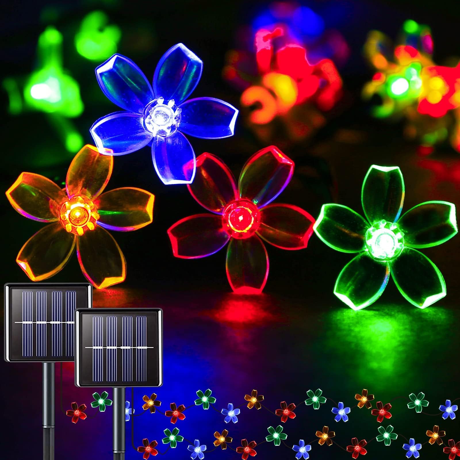 suddus Solar String Lights - 50 LED Waterproof Fairy Lights, Multi-colored Flower Design, 2 Pack for Indoor/Outdoor Decorations