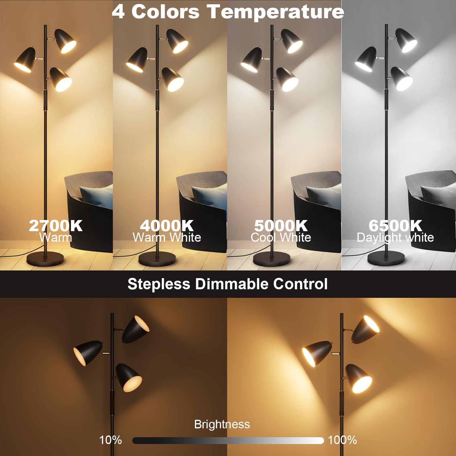 Qimh Led Floor Lamp For Living Room, Modern Dimmable Standing Lamp With 4 Color Temperature,Remote And Touch Control, Tree Floor