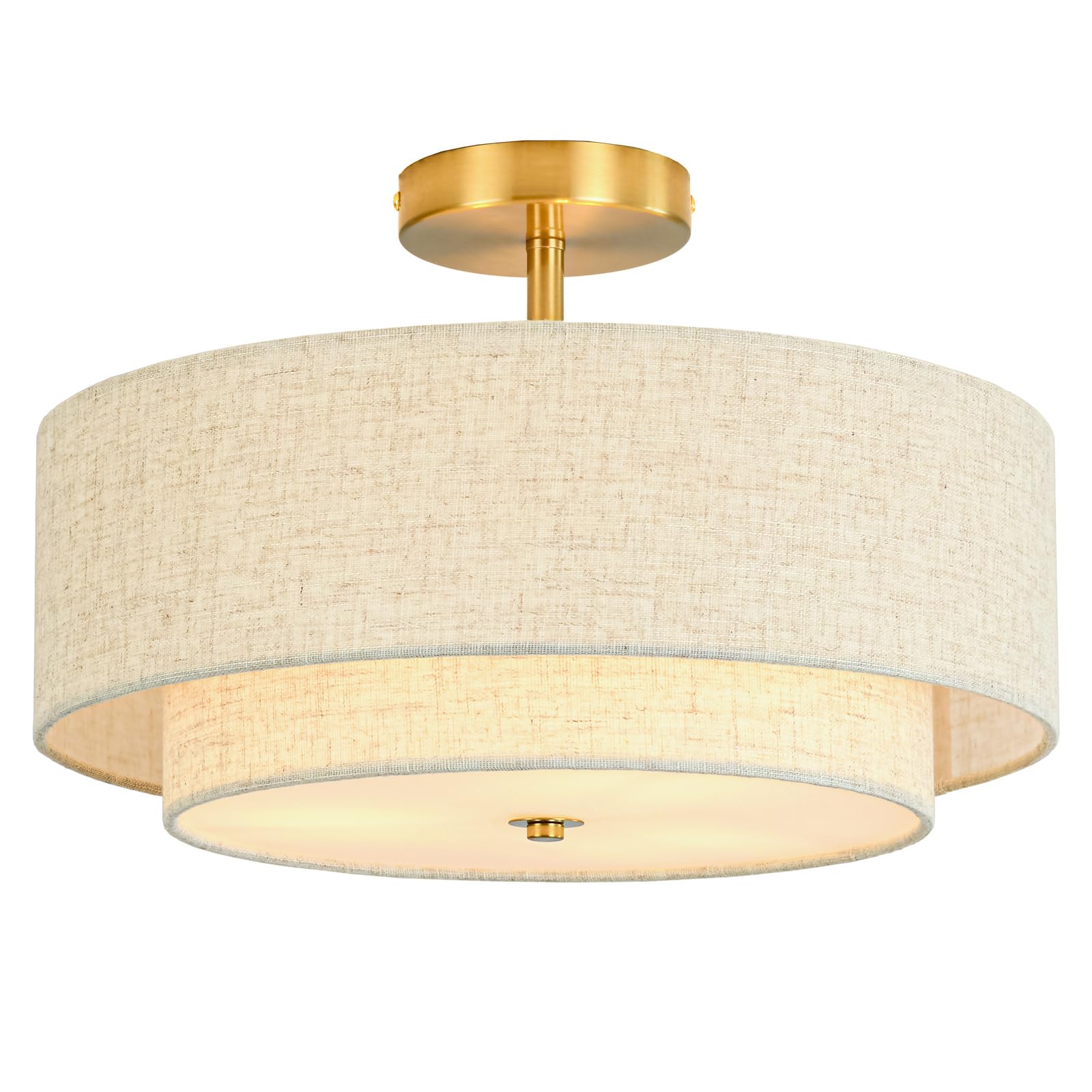 16 Semi Flush Mount Ceiling Light  3-Light Gold Drum Ceiling Light Fixture with 2-Tier Fabric Linen Shade  Farmhouse Chandelier for Dining Room  Living Room  Bedroom  Kitchen  Hallway  Entryway