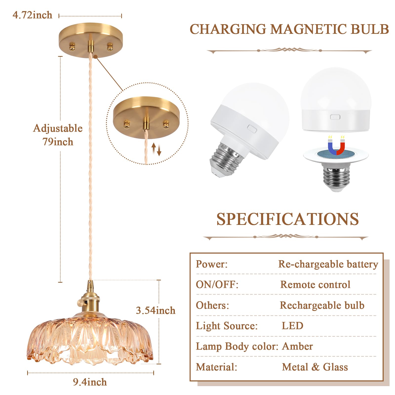 Loiogohot Battery Operated Pendant Light, Vintage 9.4in Amber Chandelier, Glass, Remote Control, Model PL-BN1167-CD-AM