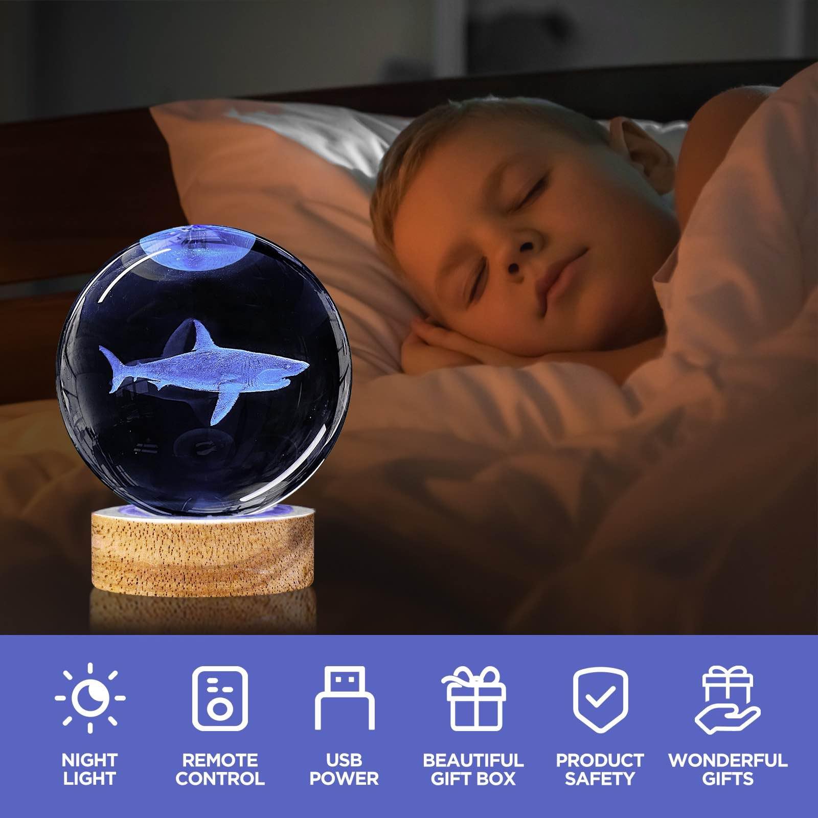 Yylzephb 3D Shark Crystal Ball Night Light With Woodern Base, 3.15 Shark Glass Ball Lamp 16 Colors With Remote Control Shark Fig