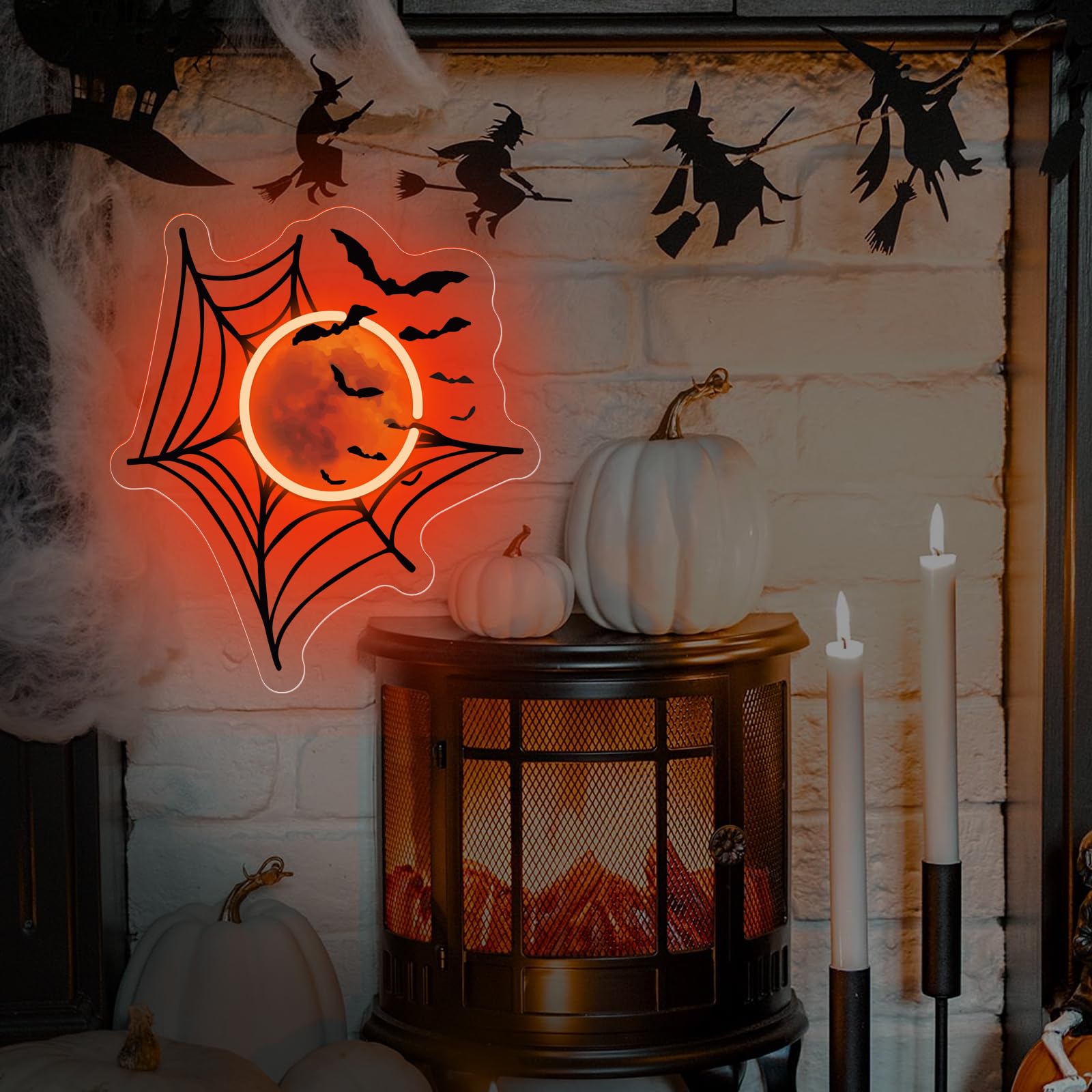 Spider Web Moon And Bats Corner Decor  Halloween Neon Sign  Fireplace Decor  Gift For Family  Spooky Wall Decoration  13.8X12.6