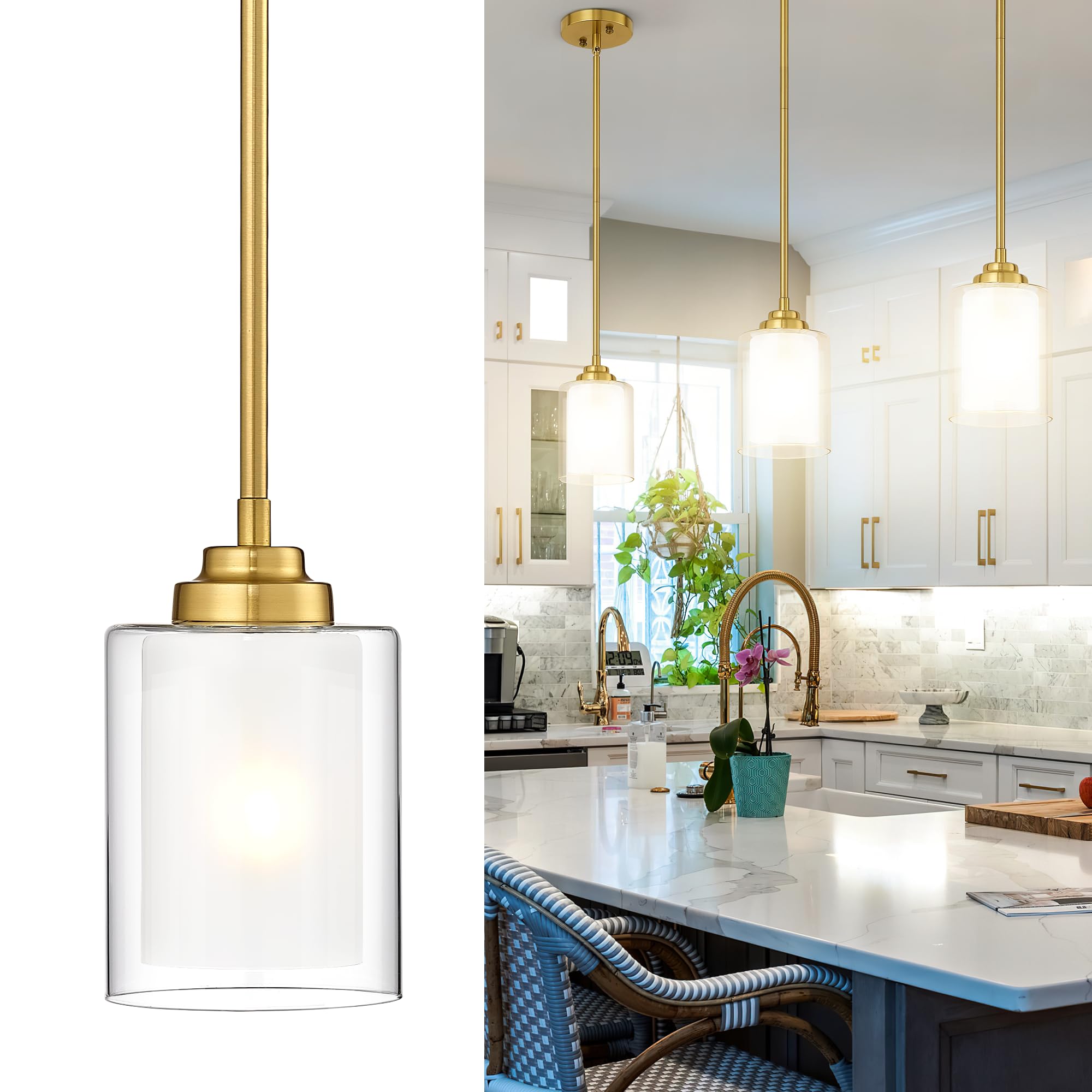 TENGXIN Modern Pendant Light, Brushed Gold Modern Pendant Light for Kitchen Island, Hanging Ceiling Light Fixture, Farmhouse Pen
