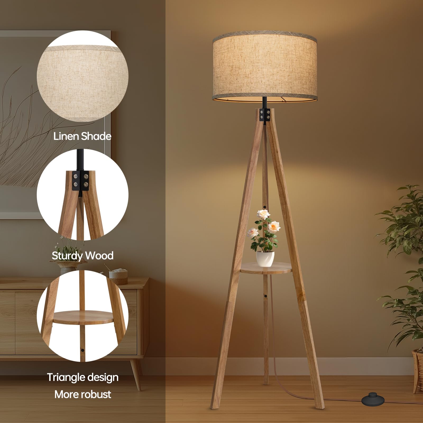 EOEYYOYB Modern Floor Lamp with Shelf, 3 Color Temperatures, Metal, Burlywood, Square Table Legs