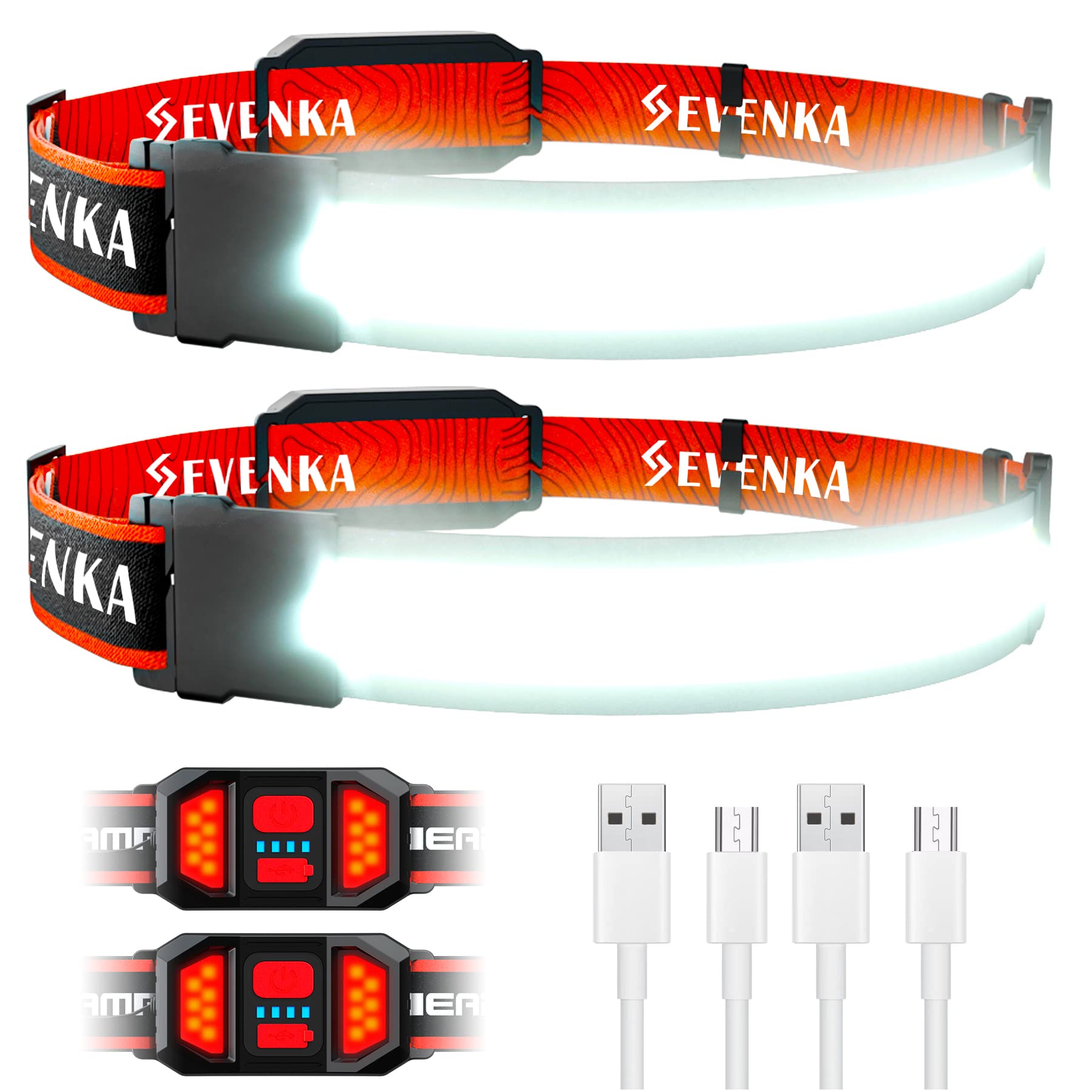 SEVENKA 2 Rechargeable Headlamps, LED Flashlight, Wide Beam, Lightweight, 2 Pack, Orange Red
