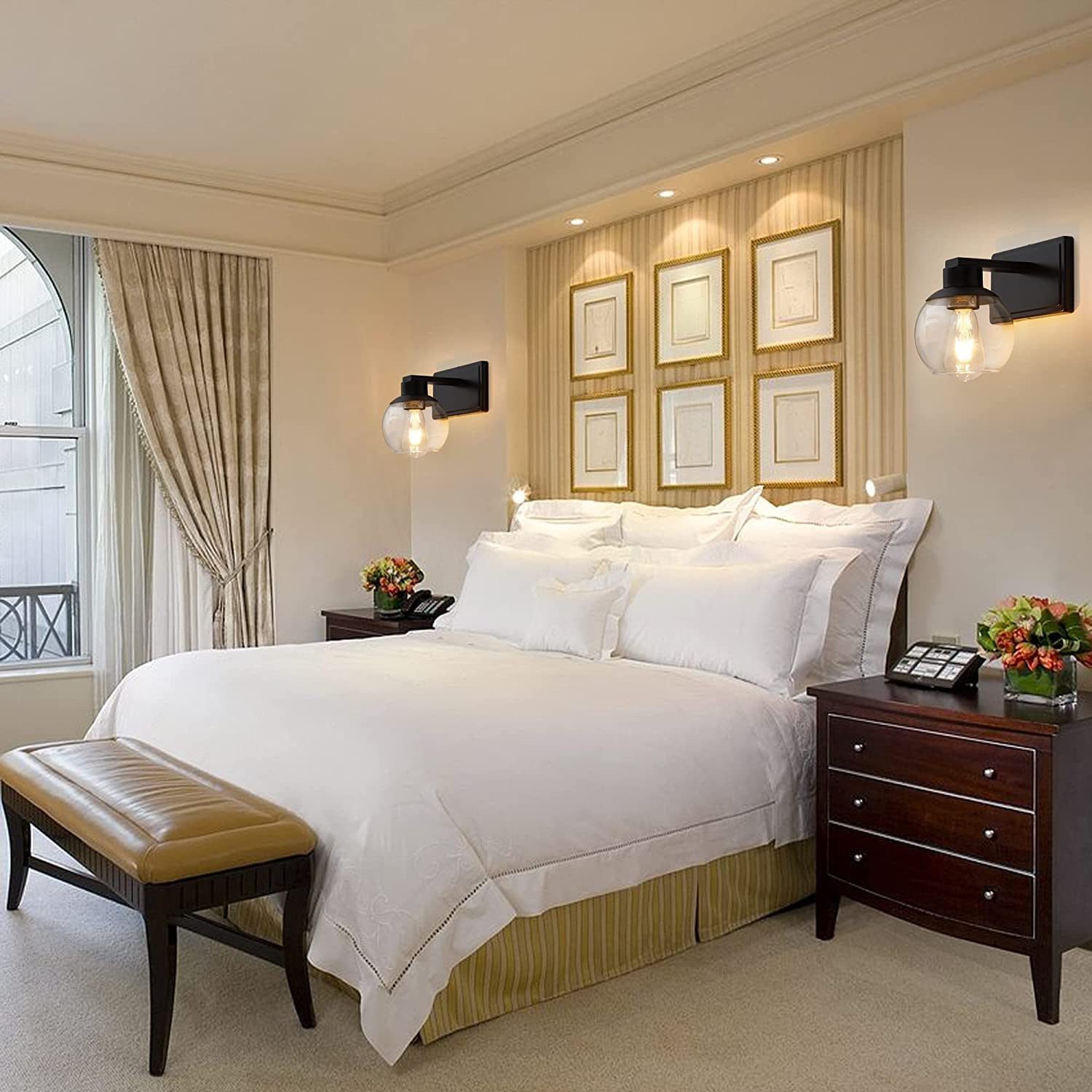 Pazala 2 Pack Black Wall Lights For Bedroom Modern Wall Sconces Set Of Two Lighting Fixtures Wired, Globe Glass Lamp, Wall Mount