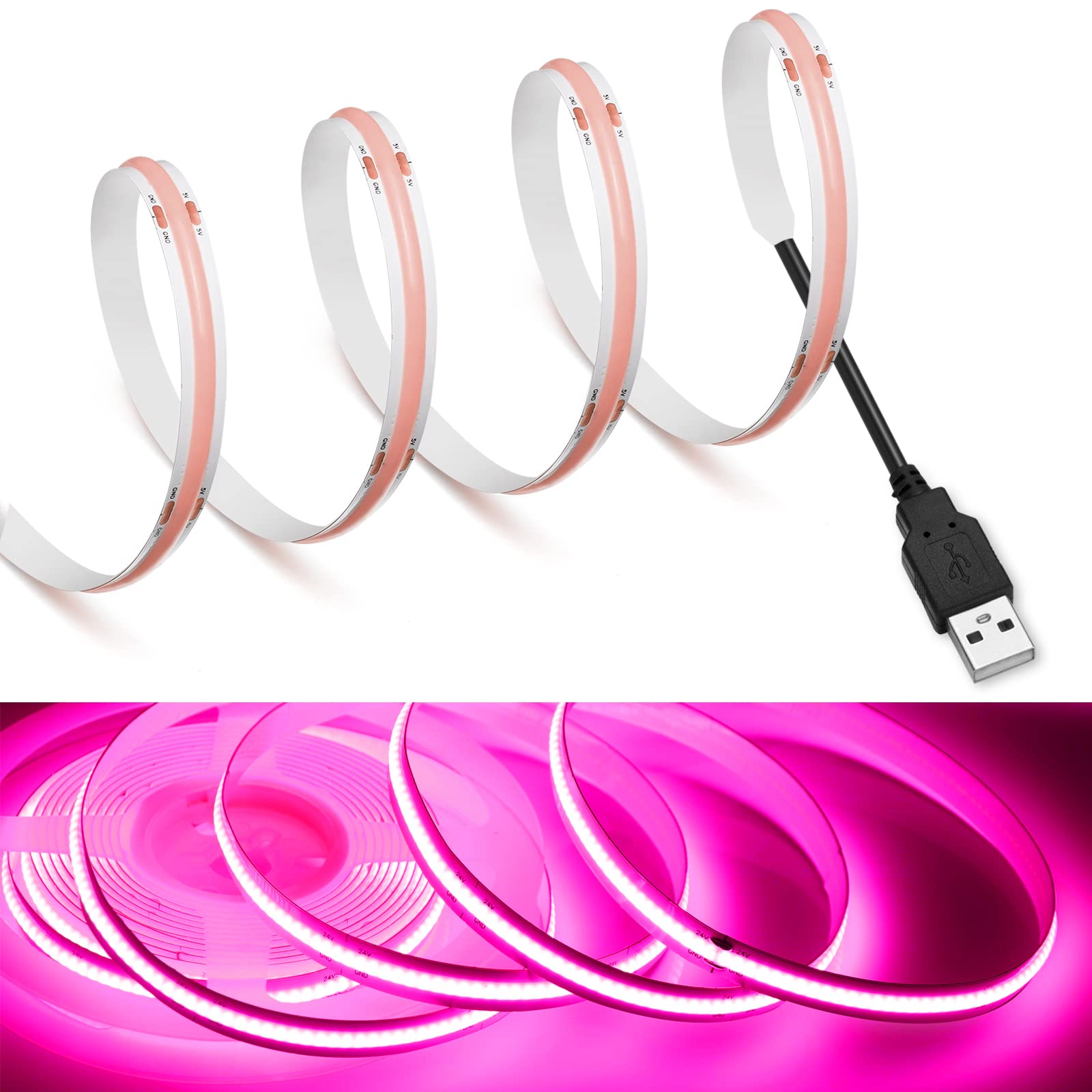 MDee COB LED Strip Lights, 6.56ft USB Powered, 5V, Pink, 320 LEDs/m, Flexible, Indoor/Outdoor Décor