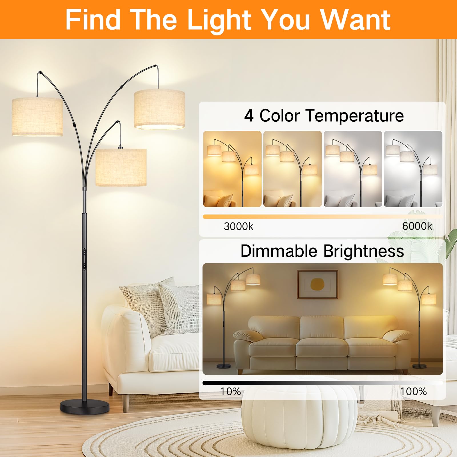 Outon Arc Led Floor Lamp With Remote & Touch Control, Dimmable Modern Black 3 Light Arched Tall Floor Lamp, Mid Century Adjustab