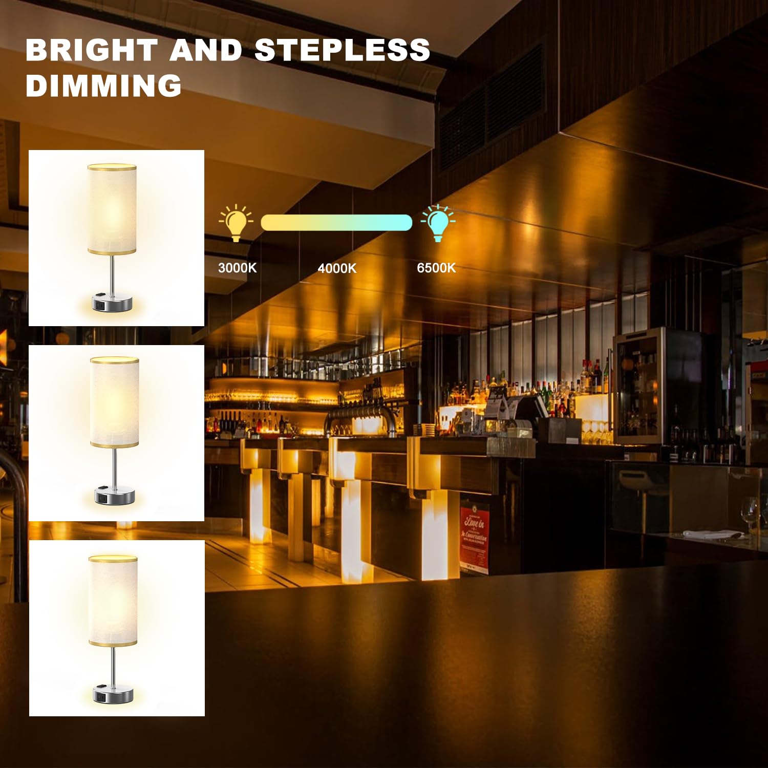 YIDPU Table Lamp - Touch Control, USB C+A Ports, 3-Color LED, Linen Shade, Gold, 1PCS