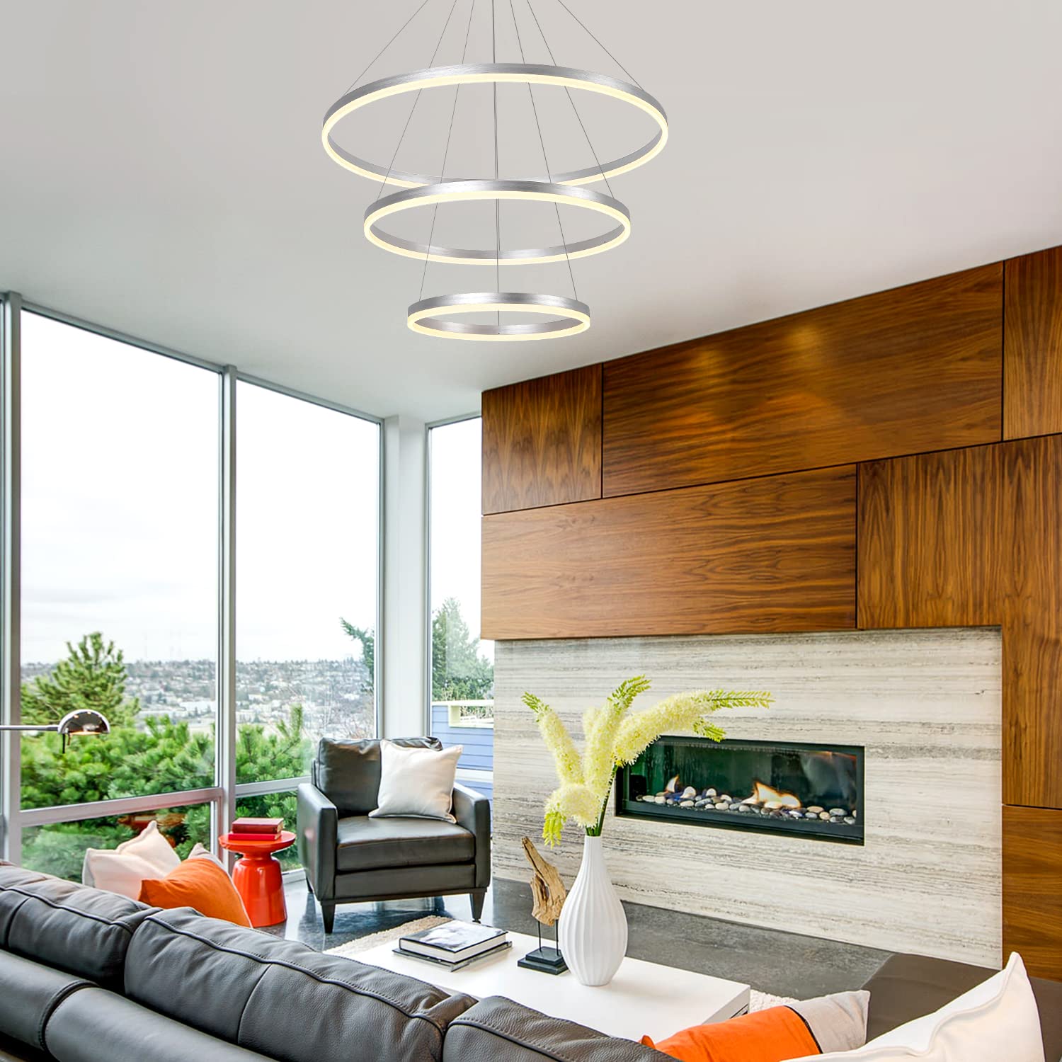 Xgzl · Lighting 3-Rings D31.5’’ Modern Led Chandelier Silver, Dimmable Pendant Lighting With Remote Control Circular Flush Mount High Ceiling Light For Living Dining Room Bedroom Foyer, 3000K-6500K
