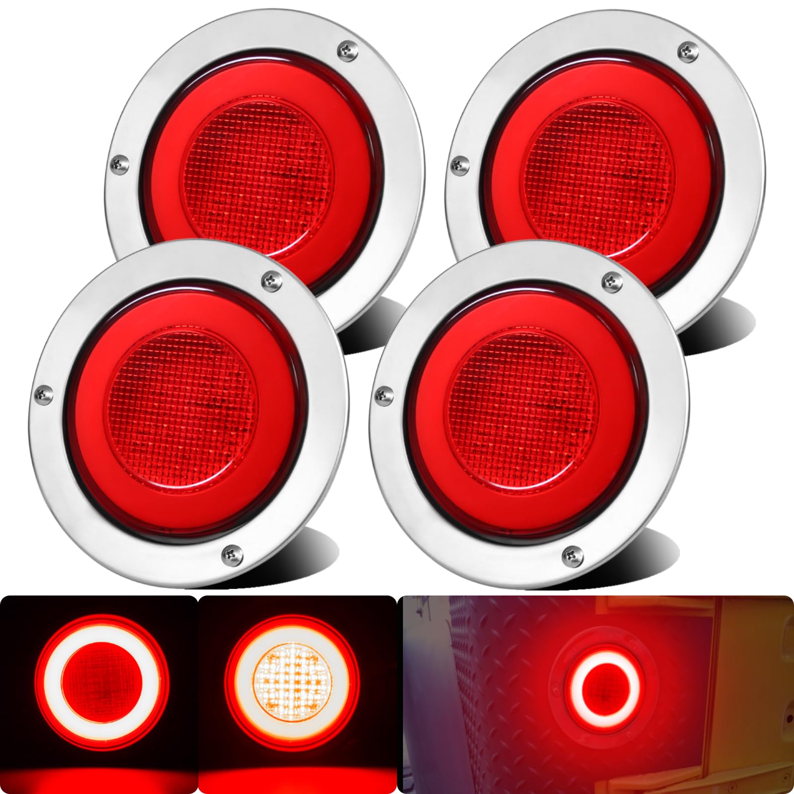 WahMOTOTin 4pcs 4 inch Round LED Trailer Trucks Halo Brake Stop Running Turn Signal Tail Lights Red 64 LEDs w/Stainless Bezels Flange Mount Sealed Waterproof IP67 For RV/Van  DC 12V