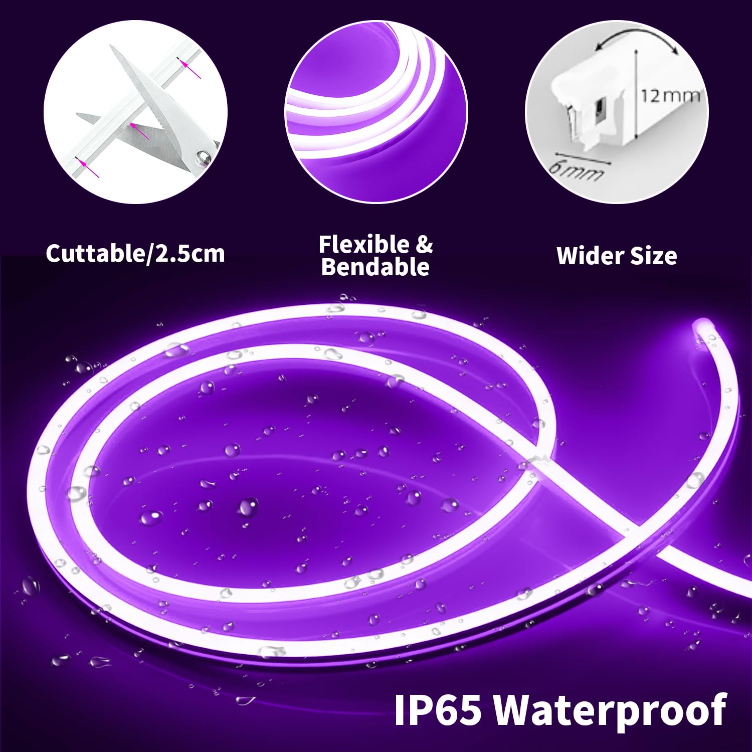 Inextstation Led Neon Lights,16.4Ft Purple Led Strip Light 12V Silicone Waterproof Flexible Neon Rope Light,Neon Sign Diy For Be