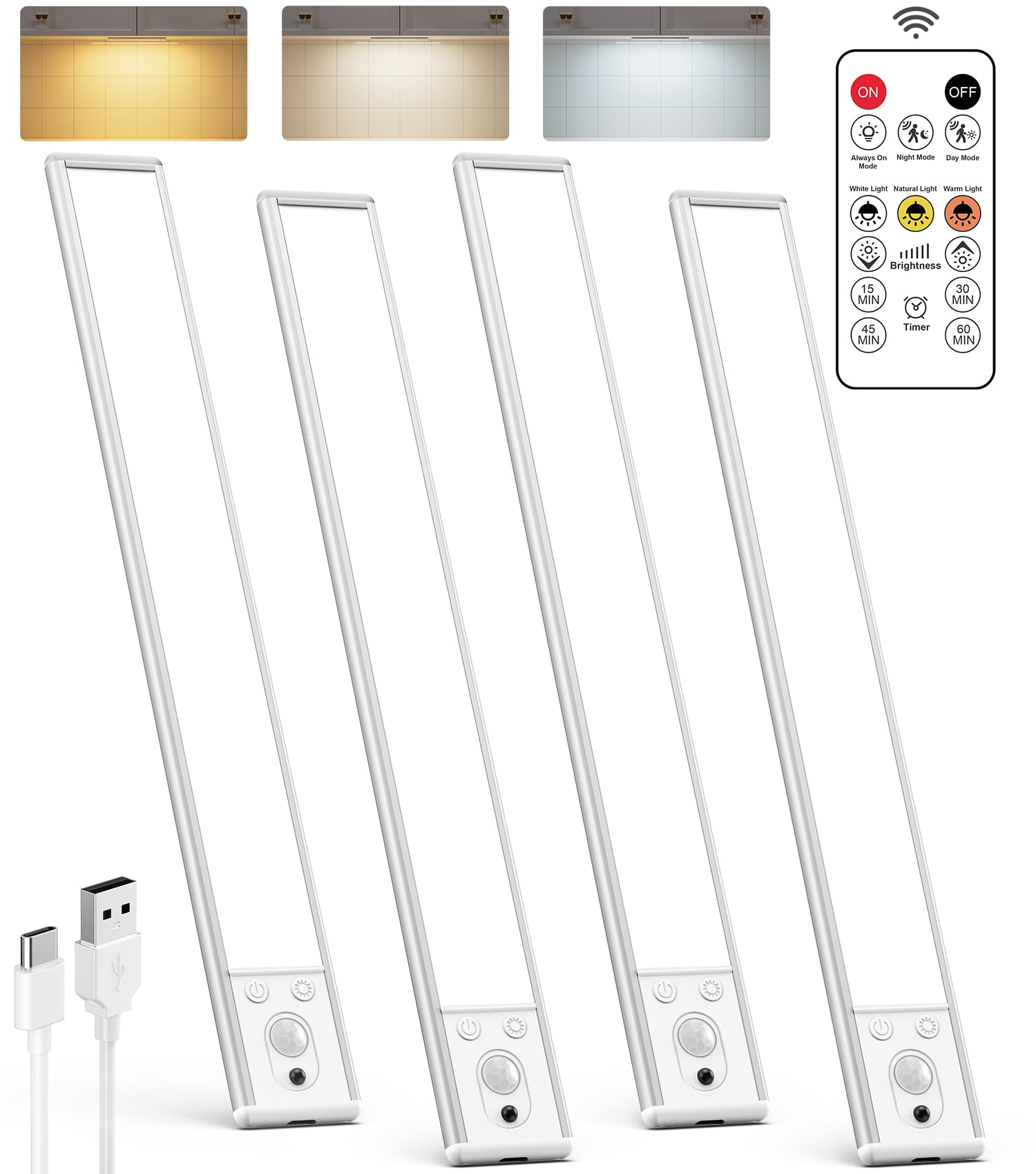 LENOMA Under Cabinet Lighting Wireless 62 LED Motion Sensor Dimmable 4 Pack White-13 Inch Rechargeable Battery Model LTM-CGD-03