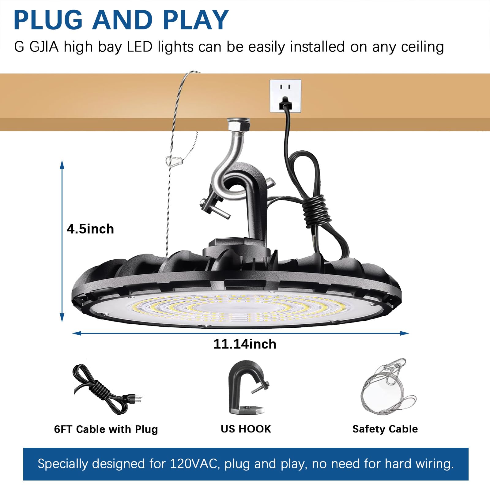 G Gjia 150W Ufo Led High Bay Light & High Bay Led Shop Lights, Ul Listed Va120C 5000K Daylight Commercial Lighting Plug-And-Play