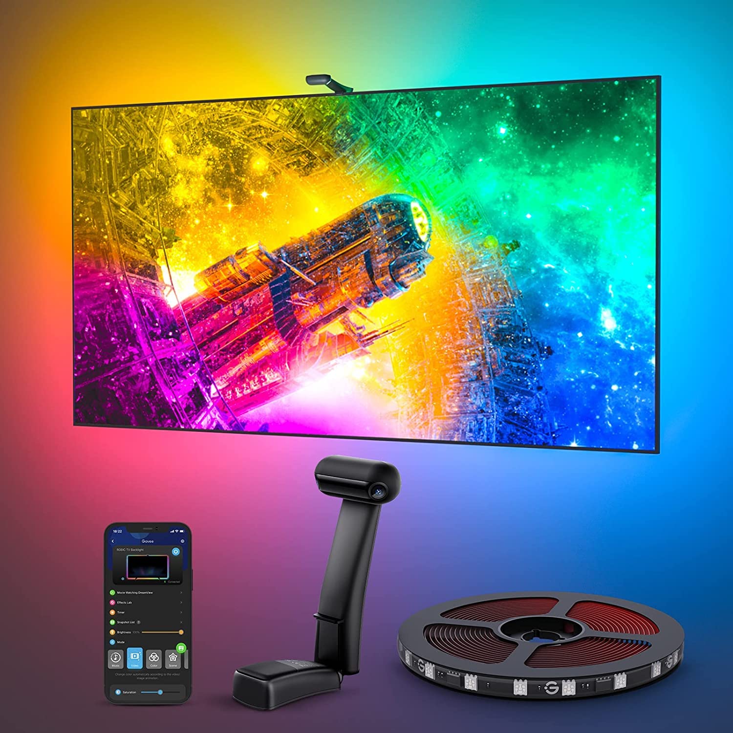 Govee Envisual TV LED Backlight T2 with Dual Cameras, 21ft RGBIC Wi-Fi LED Strip Lights for 98-100 inch TVs, Double Strip Light Beads, for Christmas Decorations, Smart App Control, Music Sync