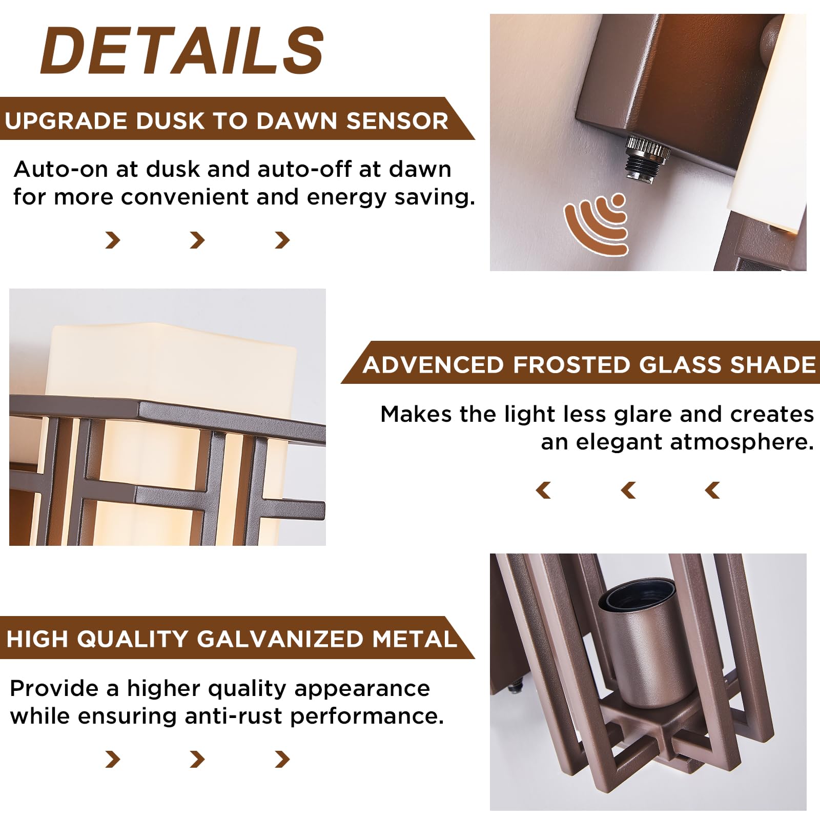 EERU Oil Rubbed Bronze Outdoor Sconce with Dusk to Dawn Sensor, 12.2in x 5.9in, Waterproof Frosted Glass Wall Lantern for Patio and Garage