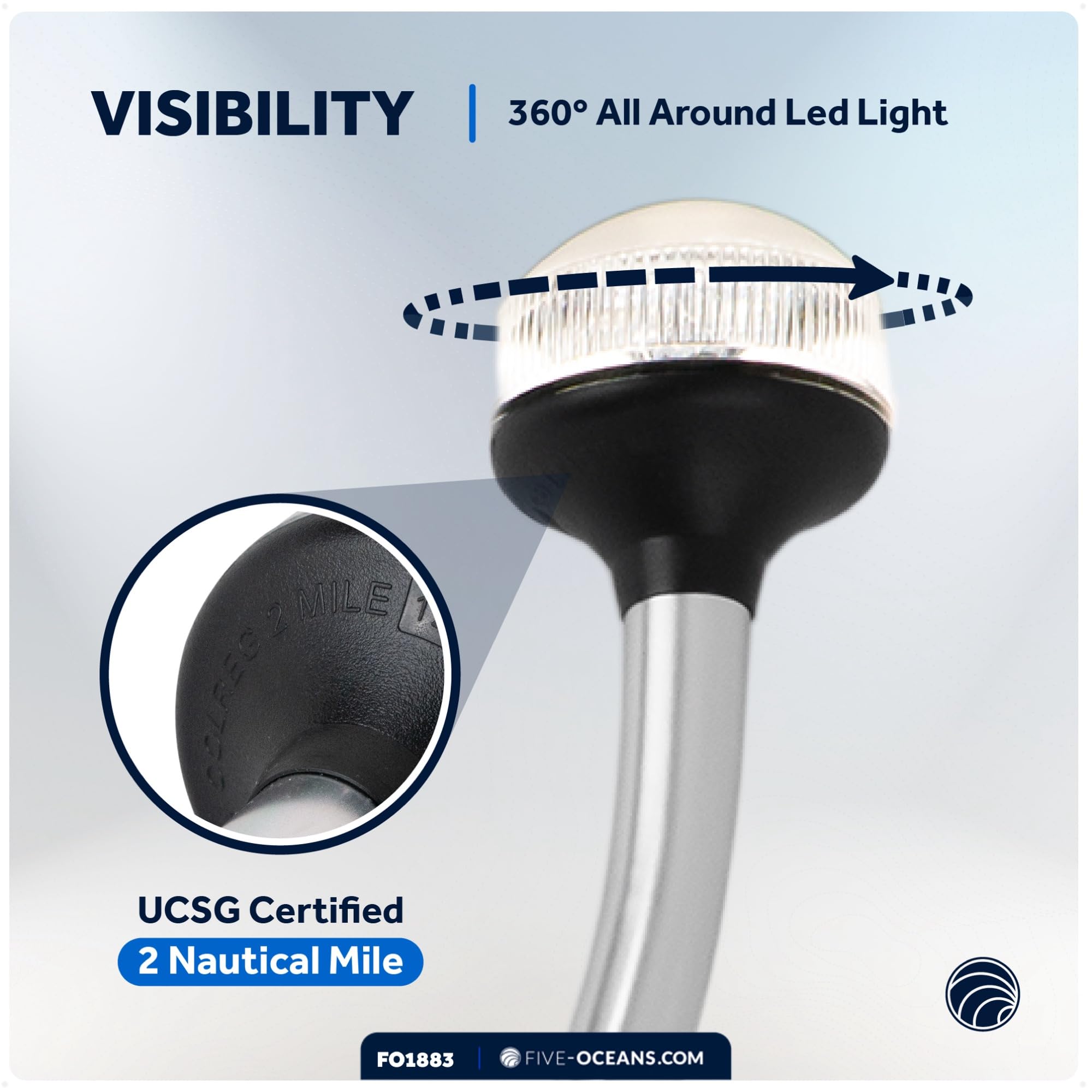Five Oceans 24-Inch Anchor Light, 2NM USCG Approved, Fixed LED, 12V DC, Stern Light for Boats - FO1883, Plug-in Fixed