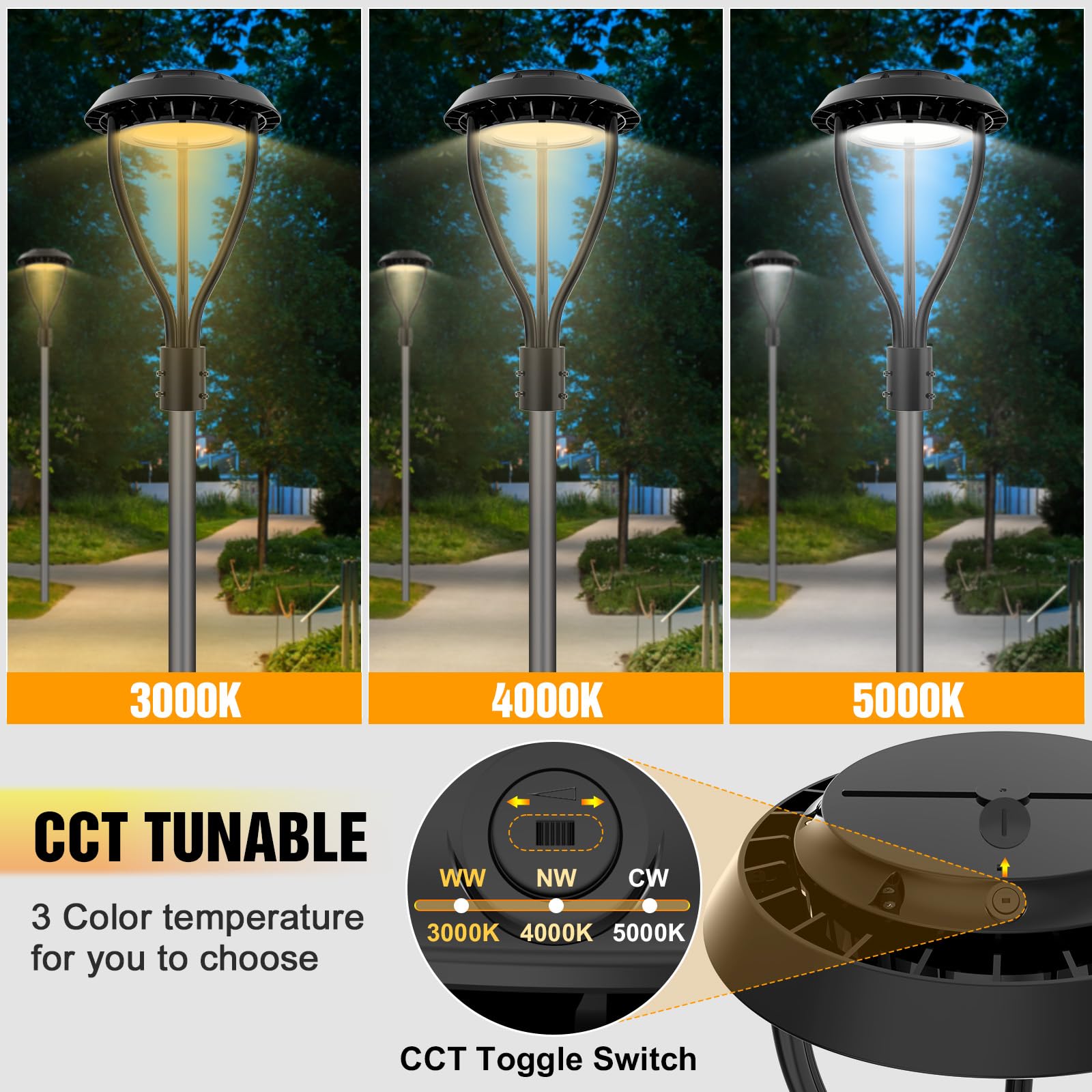 60W Led Post Top Light With Photocell, 60W 48W 36W Adjustable, 8400Lm Adjustable Cct 3000/4000/5000K Outdoor Pole Lights, Ip65 Waterproof Commercial Led Post Light Fixture Area Light Etl Dlc Listed