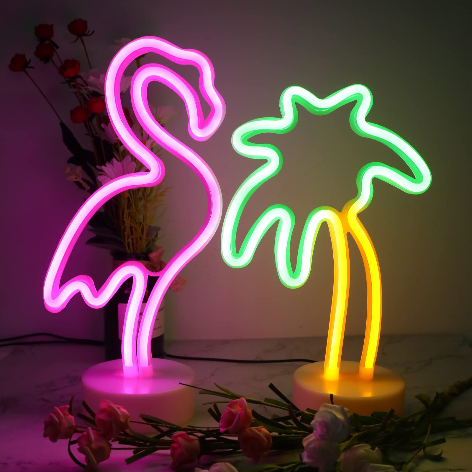 2 Packs Decoration Neon Signs Light Pink Flamingo And Green Palm Tree Neon Wall Decor Lights Usb/Battery Powered Neon Lights For