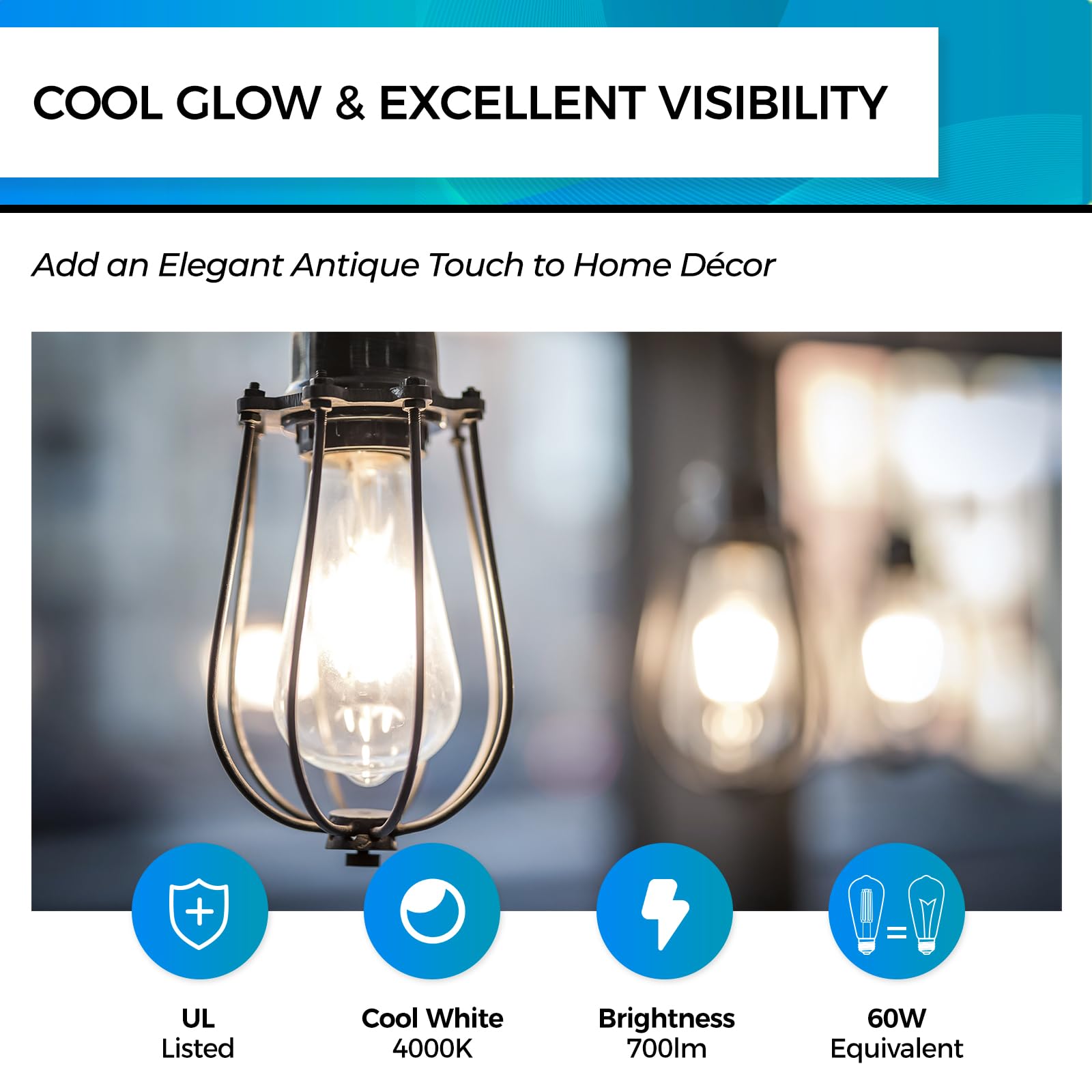 Hizashi E26 Led Bulb 60 Watt Dimmable, 4000K Led Edison Bulbs, St19 Vintage Light Bulbs Cool White, 95+Cri, Ul Listed,700 Lumens