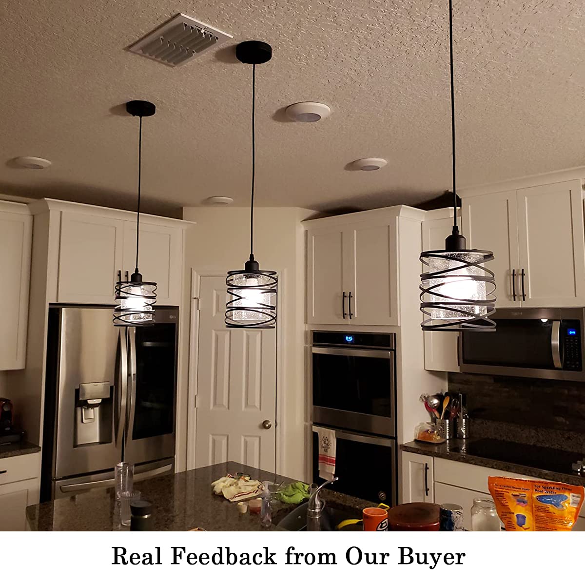Fisgoni Modern Mini Pendant Light Fixture 3-Pack Kitchen Island Pendant Lighting 6.3''Matte Black Spiral Cage Handblown Clear Se