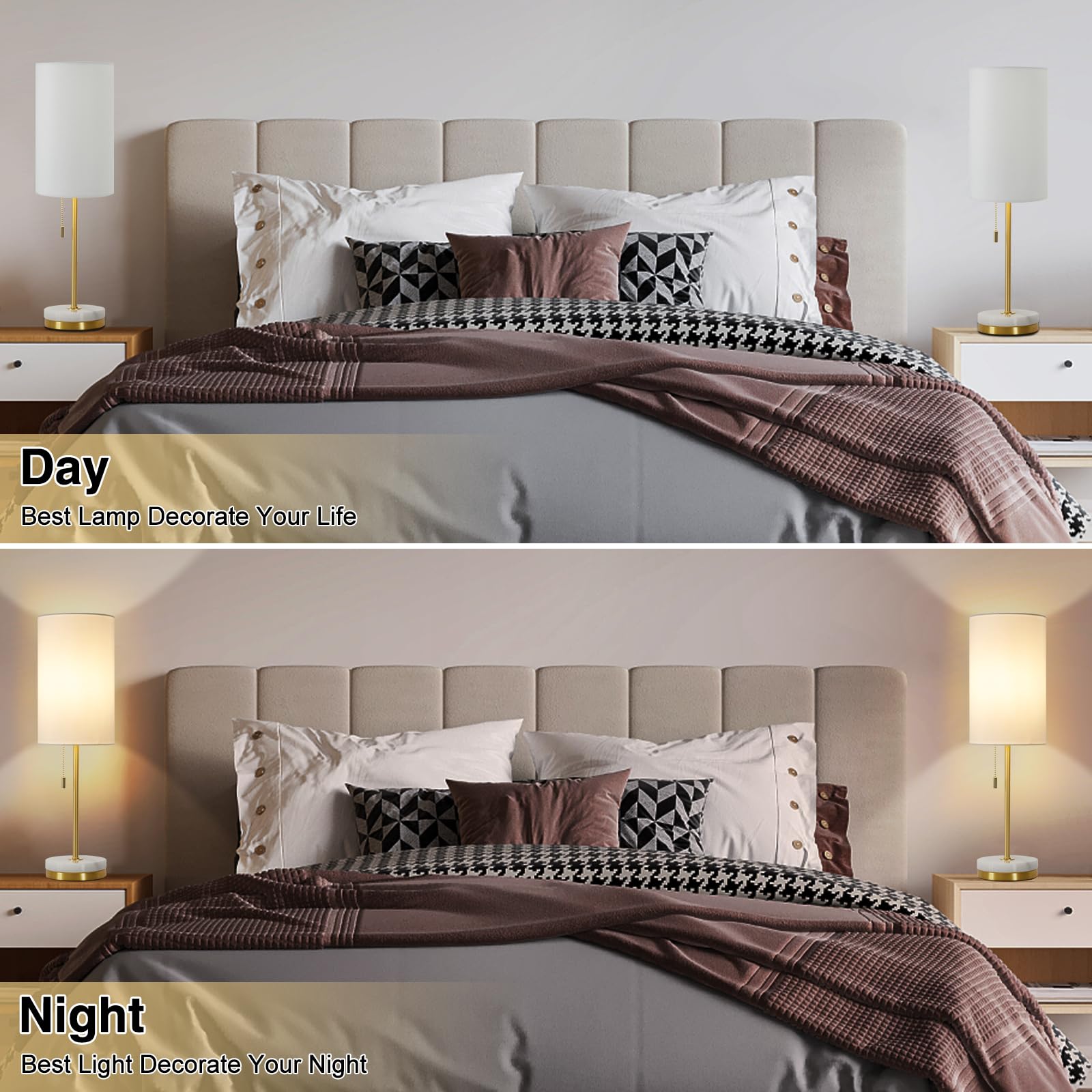 Luvkczc Desk Lamp Set of 2 - Modern Small Table Lamps with Marble Base, Fabric Shade, Gold, 066 for Bedroom, Living Room, Office