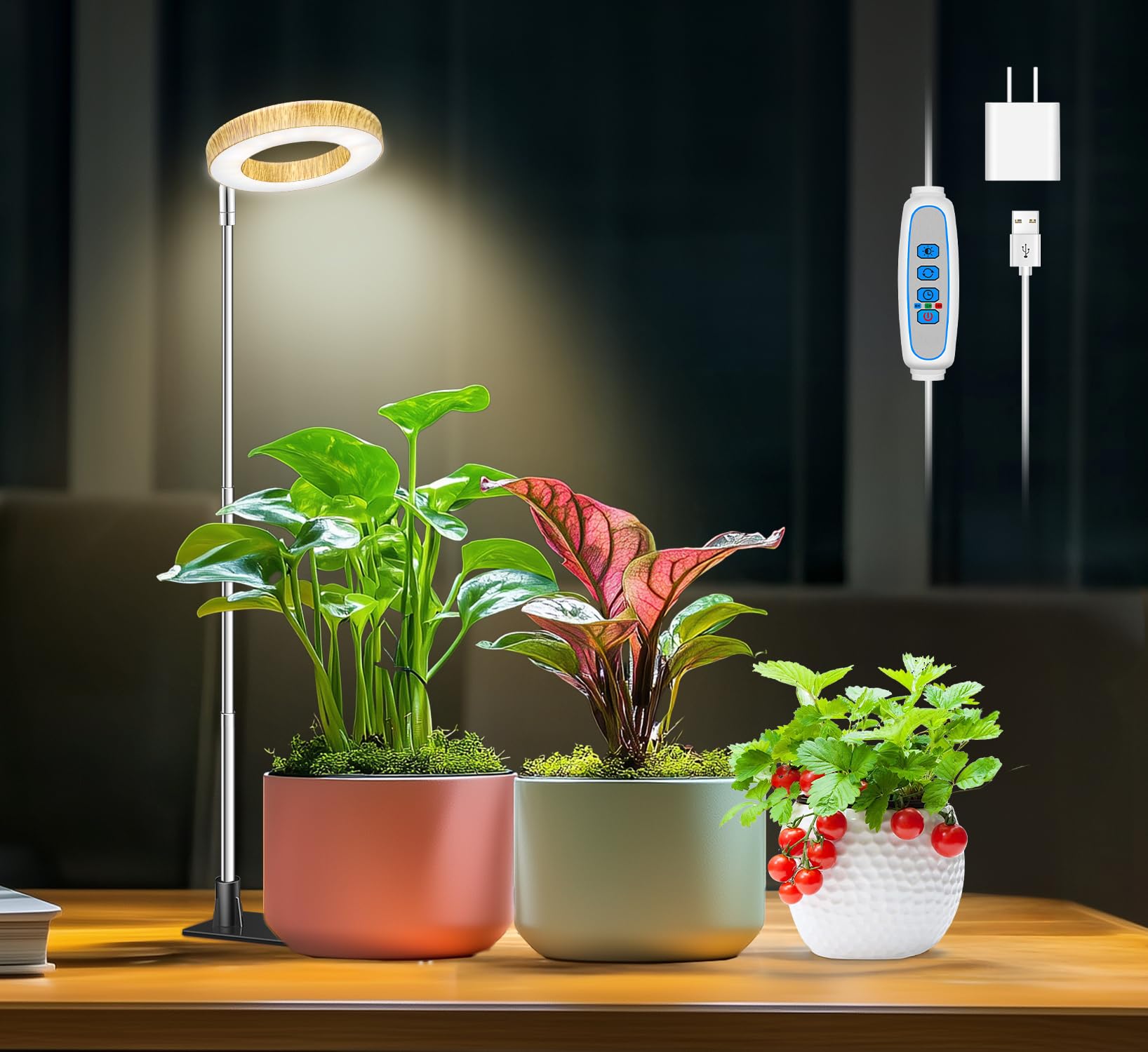 Aokrean Grow Lights for Indoor Plants  48 LEDs Full Spectrum Plant Grow Light  Height Adjustable Faux Wood Grain Halo Plant Light with Base  3 Optional Spectrums  Auto Timer 6/12/16Hrs  5 Brightness