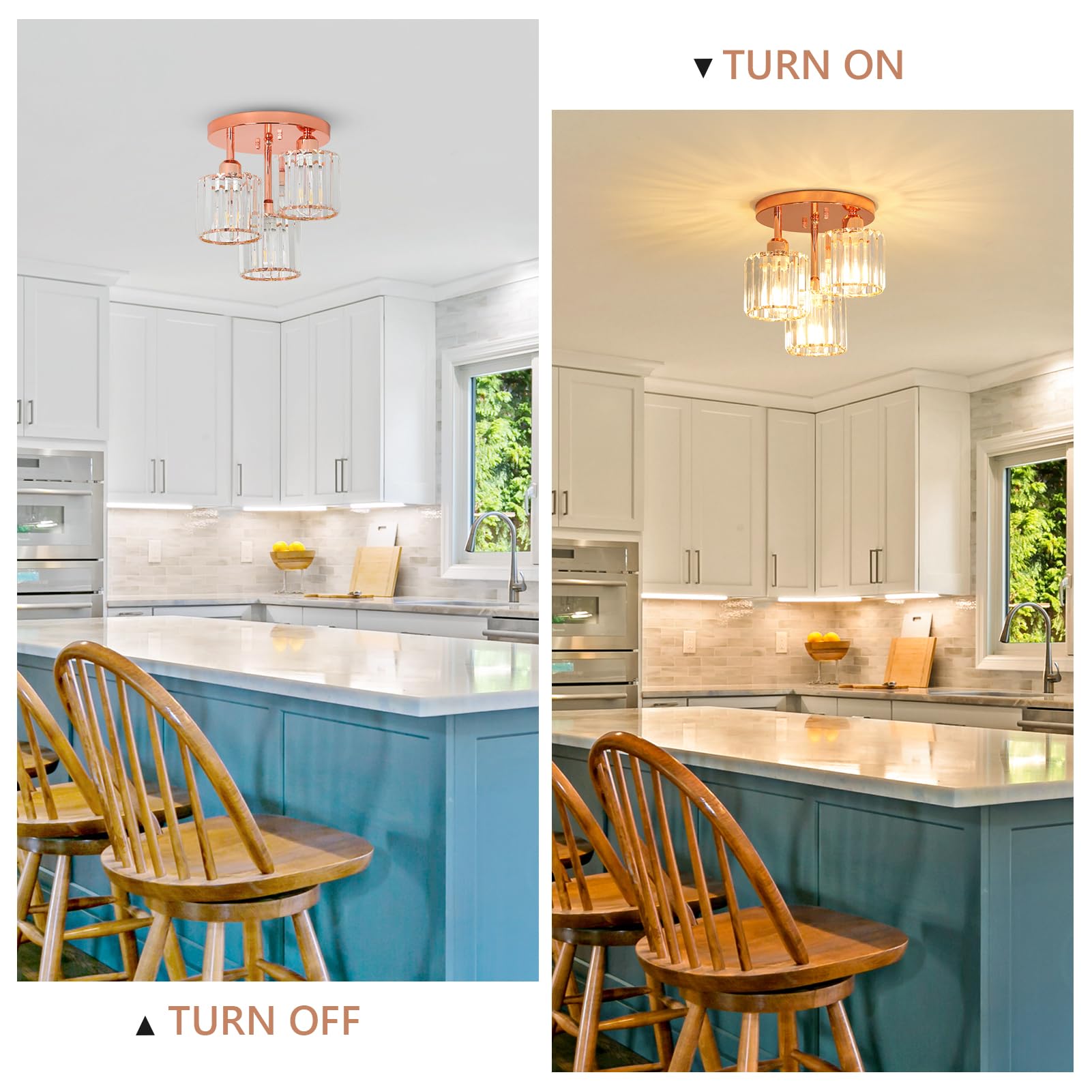 PAUFUL Crystal Semi Flush Mount Ceiling Light, 3-Light Modern Design, Rose Gold, Model 211101F1