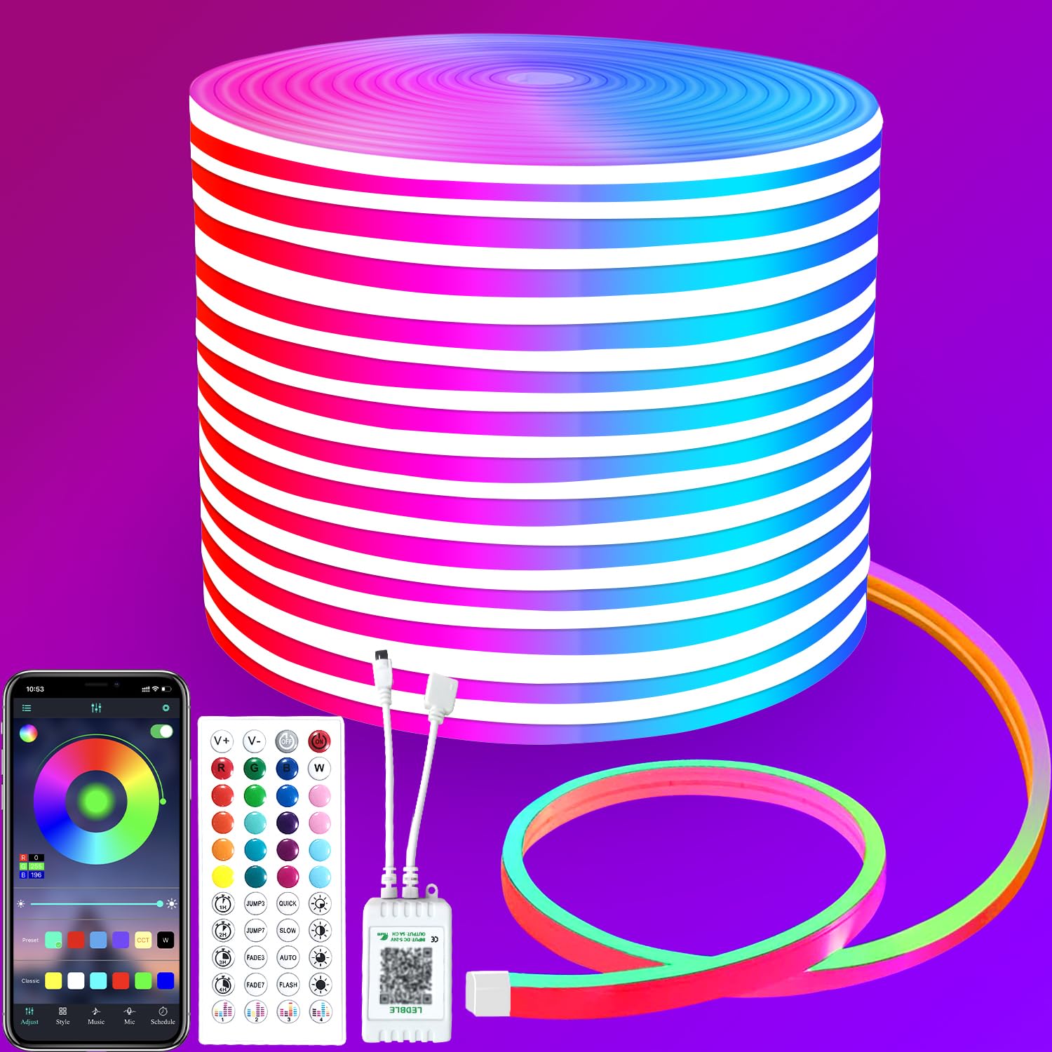 segrass LED Neon Rope Lights 50FT RGB Waterproof Flexible Strip with Remote Control, Model segrass-ledNHRGB15m
