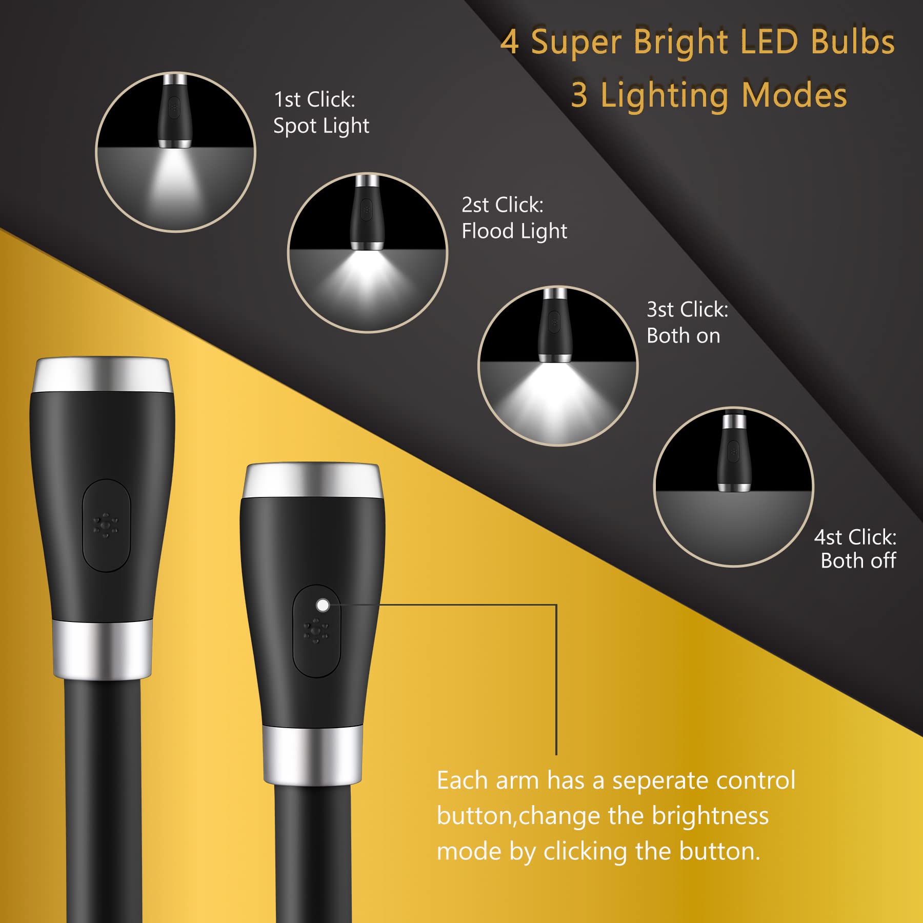 Singhong Neck Book Light Led Reading Lamp Usb Rechargeable, Hands Free, 4 Led Bulbs, 4 Adjustable Brightness, For Reading In Bed