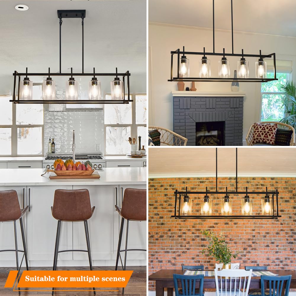 Dsmjfu Black Farmhouse Rectangular Chandelier For Dining Room  5-Light Linear Pendant Lighting  Rectangular Kitchen Island Light Fixture Over Table  Adjustable Height Chandelier Hanging Light