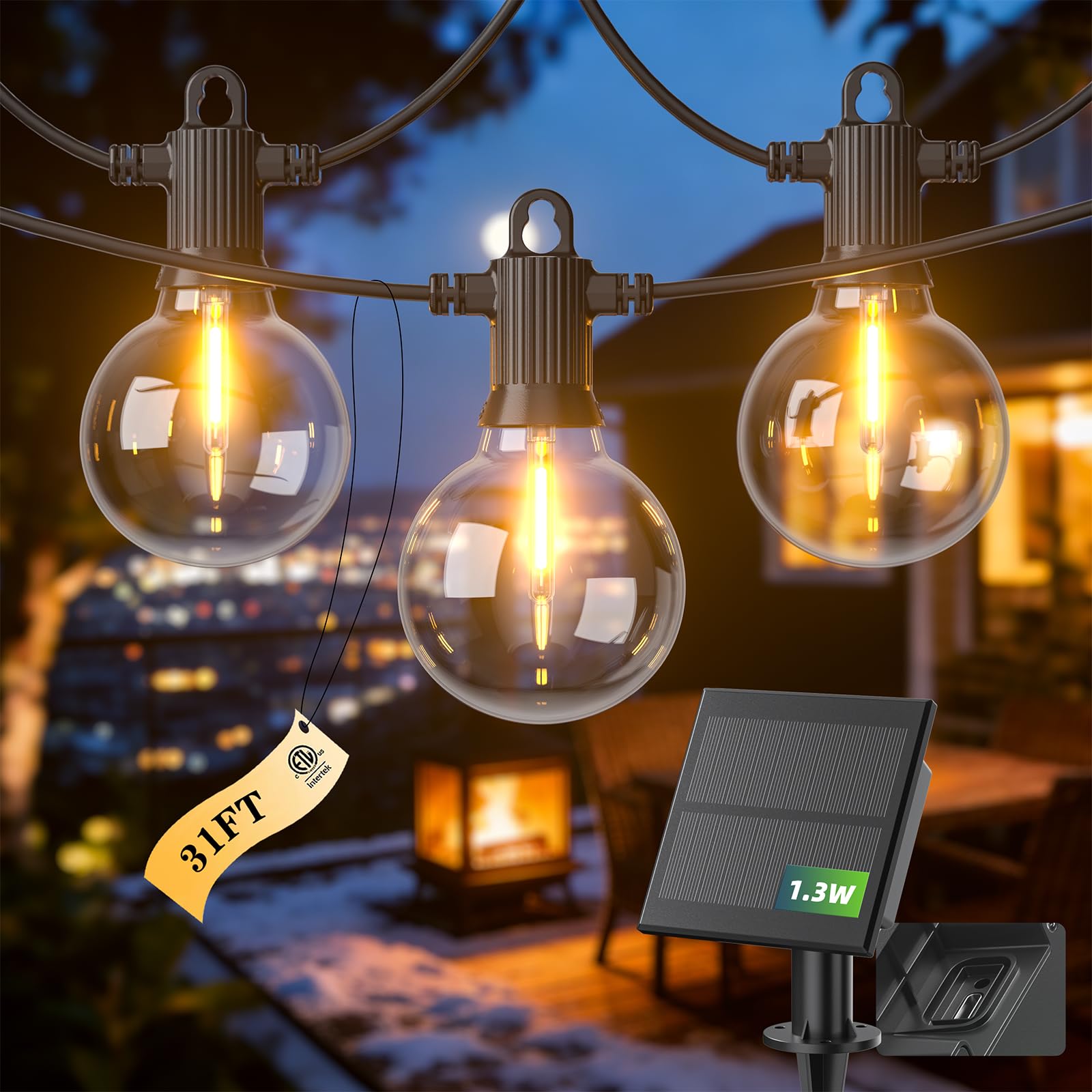 31FT Solar String Lights Outdoor Waterproof IP65 with USB-Charging , Solar Powered LED Patio Lights with 15+1 Shatterproof G40 G