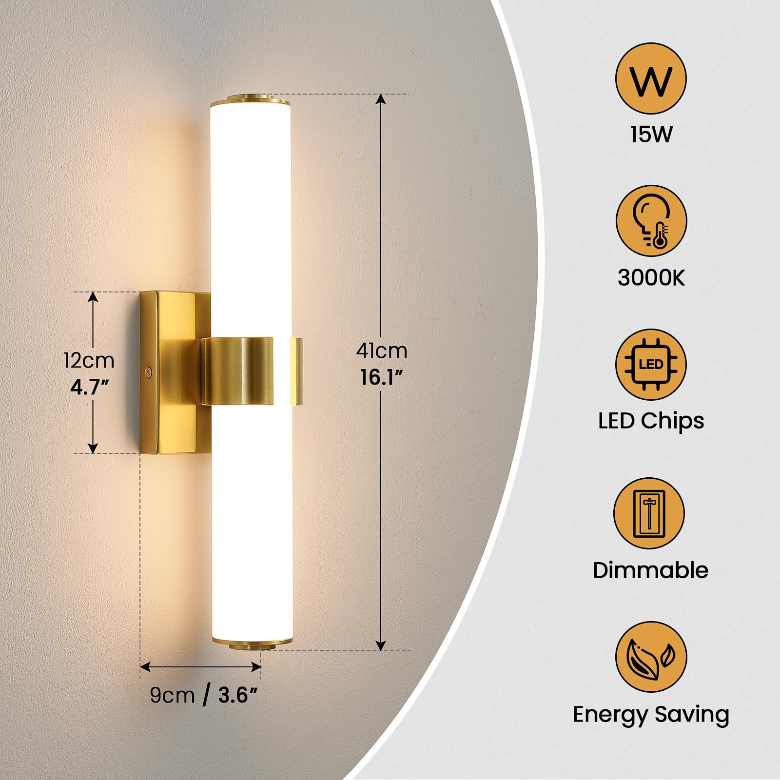 AIJIASI 16 Inch Gold LED Bathroom Vanity Light, Dimmable Sconce with Acrylic Shade, Model 8078WL-16GD-US