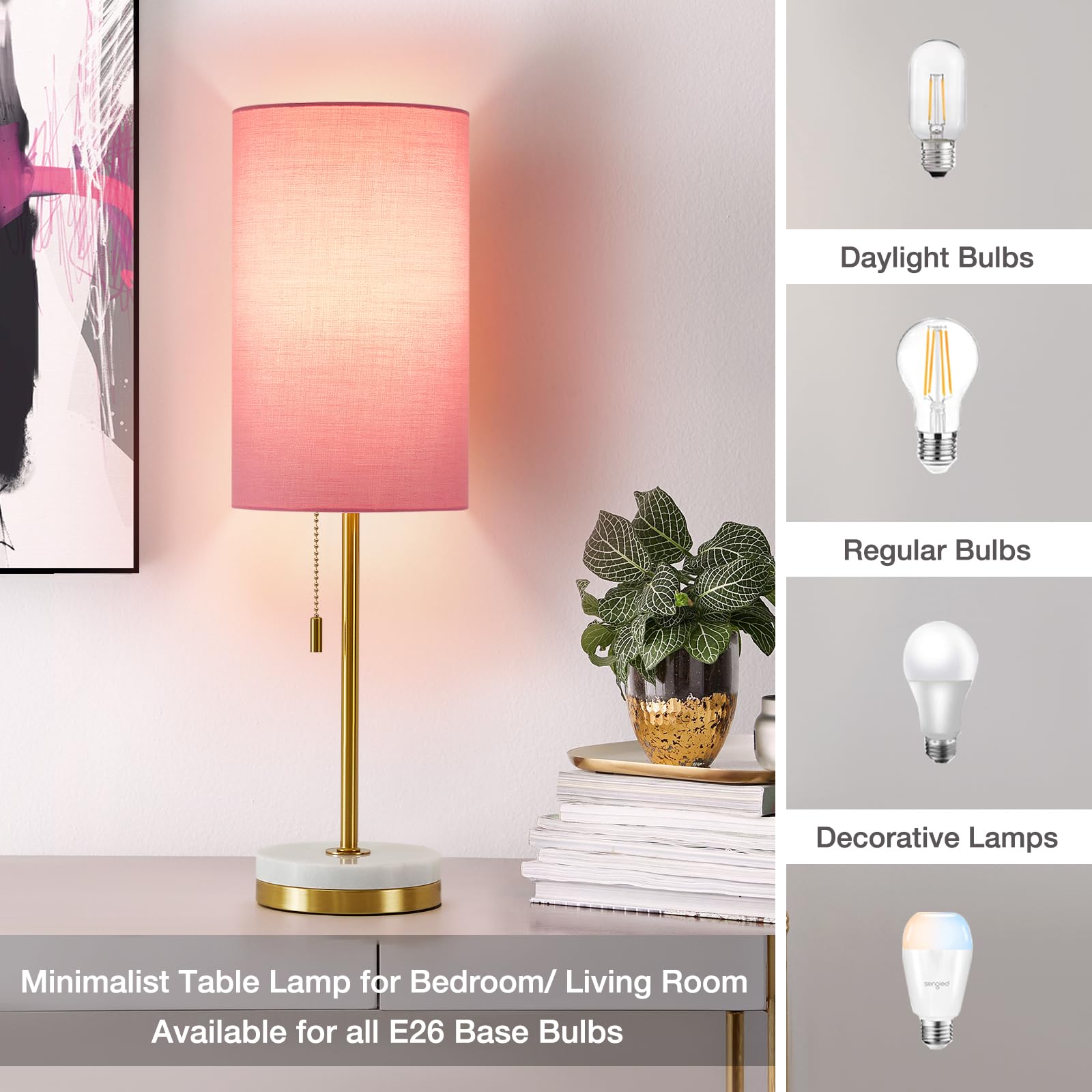 Luvkczc Minimalist Table Lamp Set of 2, Metal & Fabric, Pull Chain, Marble Base, Pink & Gold, Model 066