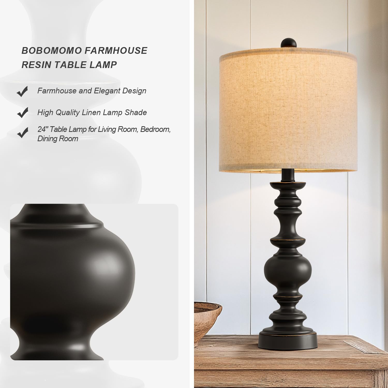 Bobomomo 24Traditional Farmhouse Table Lamp Set Of 2, Vintage Resin Lamps For Living Room Bedroom, Rustic Nightstand Lamp With L