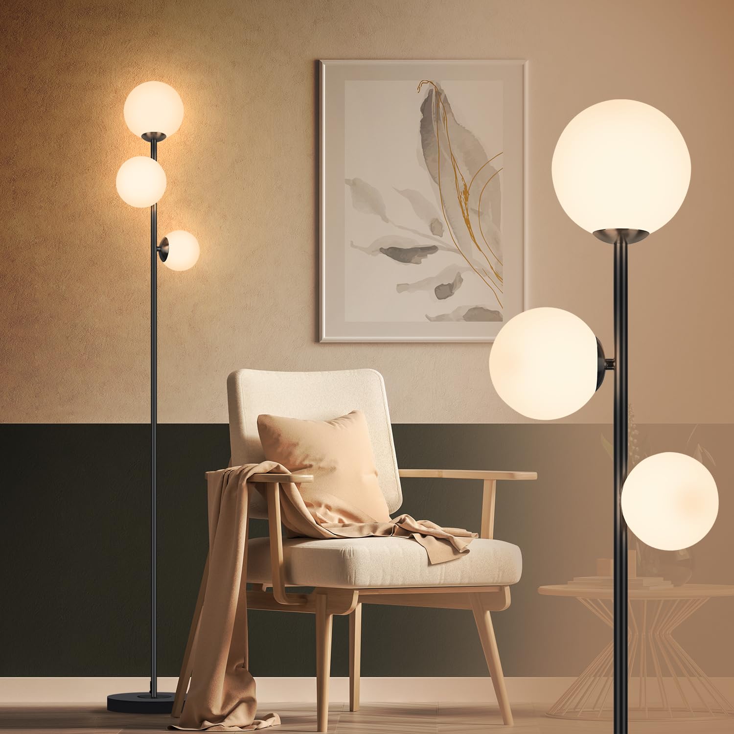 3 Globe Vintage Floor Lamp - 3 Color Options Moderm Floor Lamps For Living Room, Mid Century Standing Lamp Home Decor For Bedroo