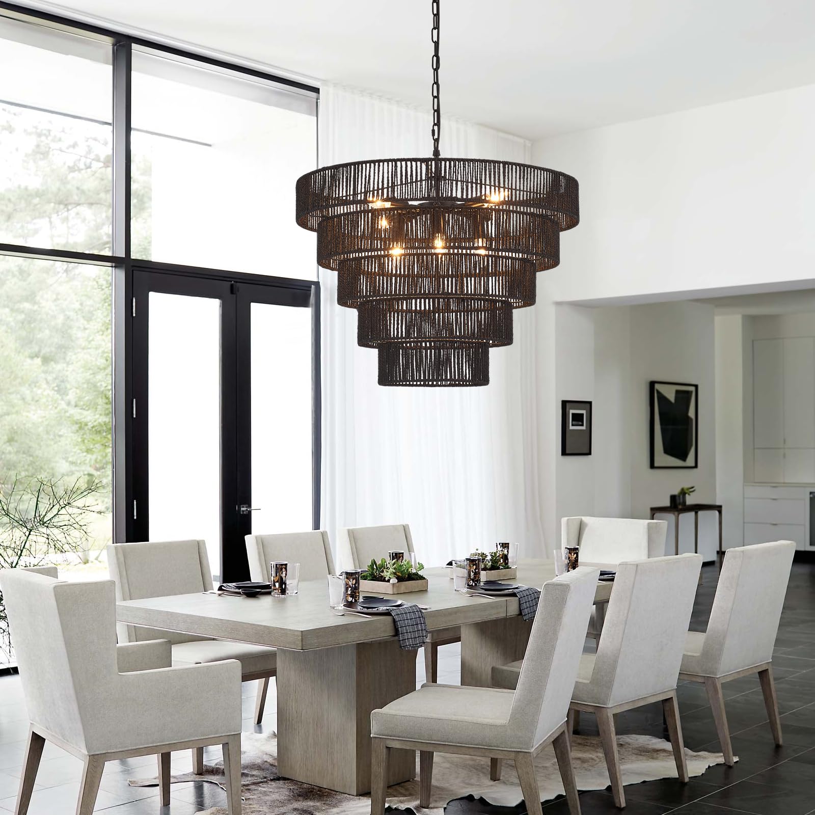 Yomecoo 25.6'' Large Black Rattan Chandelier Farmhouse 8-Lights Boho Hand Woven Bamboo Black Chandeliers Light Fixture Rustic Dr