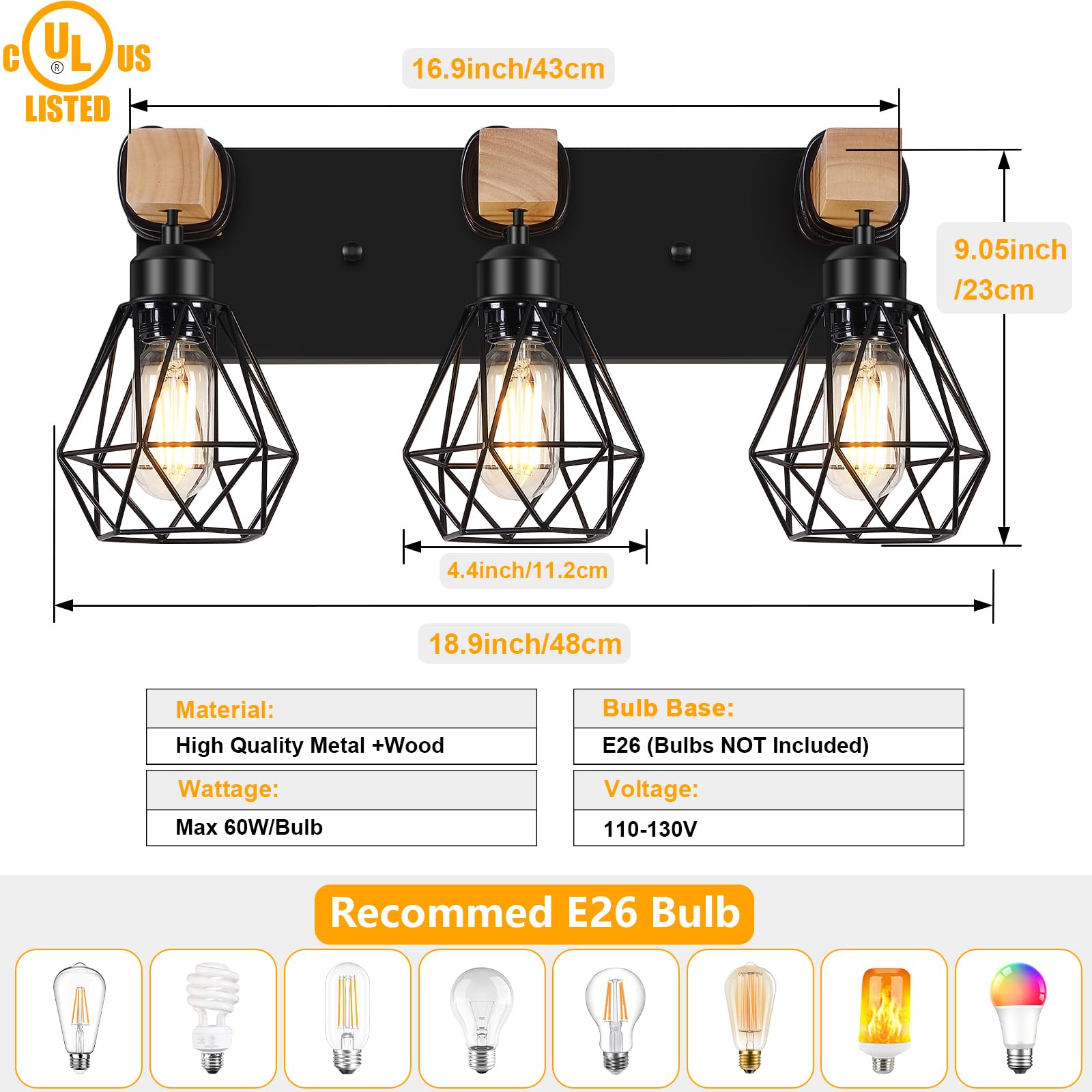 FadimiKoo 3-Light Farmhouse Bathroom Vanity Light, Black Metal & Wood, Vintage Style for Mirror, Bedroom, Living Room, Hallway