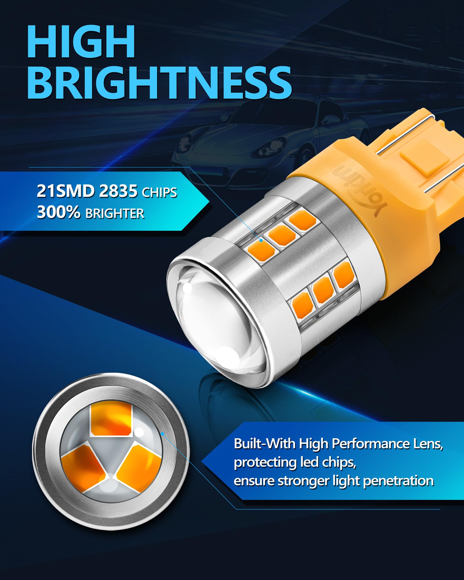 Yorkim 7443 LED Bulb Amber, High Bright 7440 Replacement Lamp for Turn Signal Lights, Pack of 2, Aluminum, Model 7440-3159