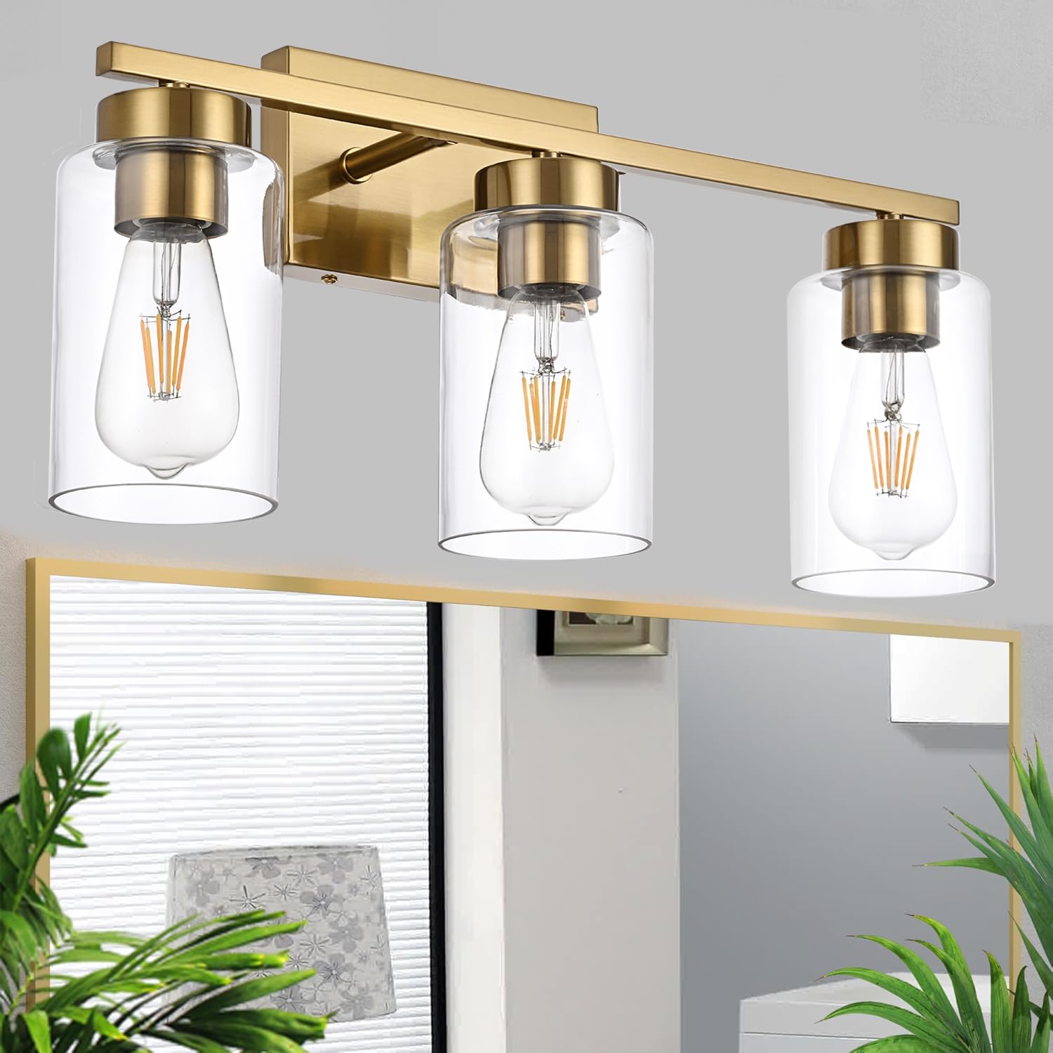 A1A9 3-Light Bathroom Vanity Light, Modern Brushed Gold Wall Lights With Clear Glass Shades, Bathroom Wall Sconce Lamp For Mirro